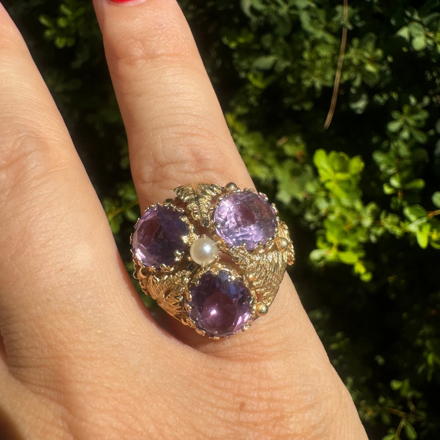 14K gold ring set with Amethyst & Pearl