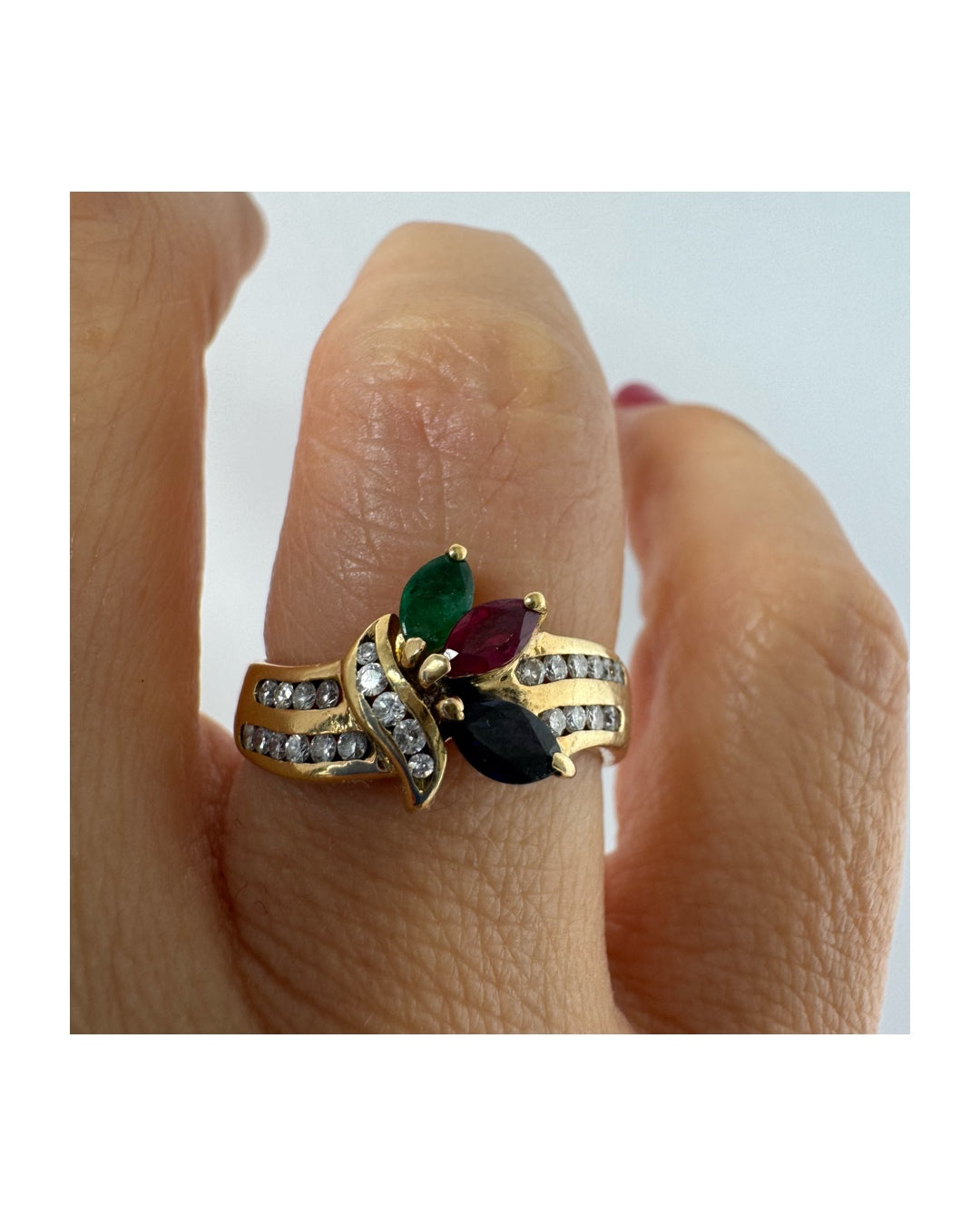 14K gold ring set with Diamonds & marquise-cut gemstones Emerald, Ruby & Sapphire