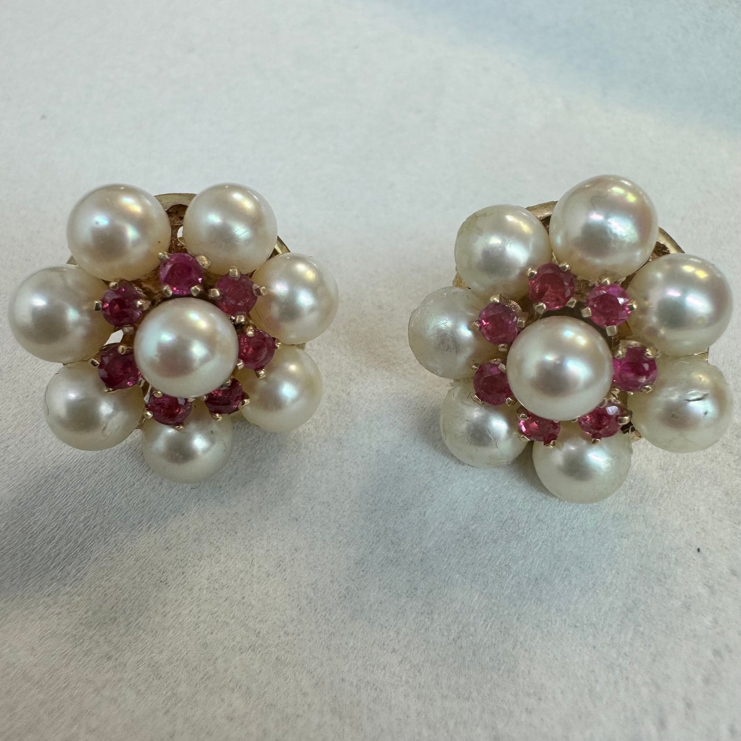 14K gold stud earrings set with Ruby & Pearls