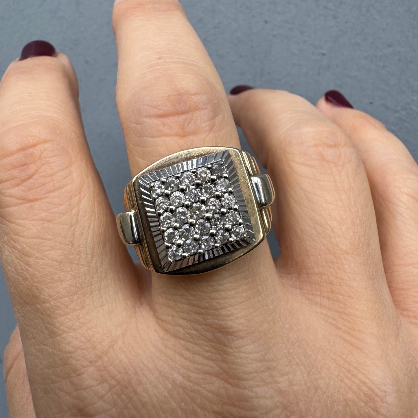 14K gold ring set with brilliant pavé diamonds in a bold square design