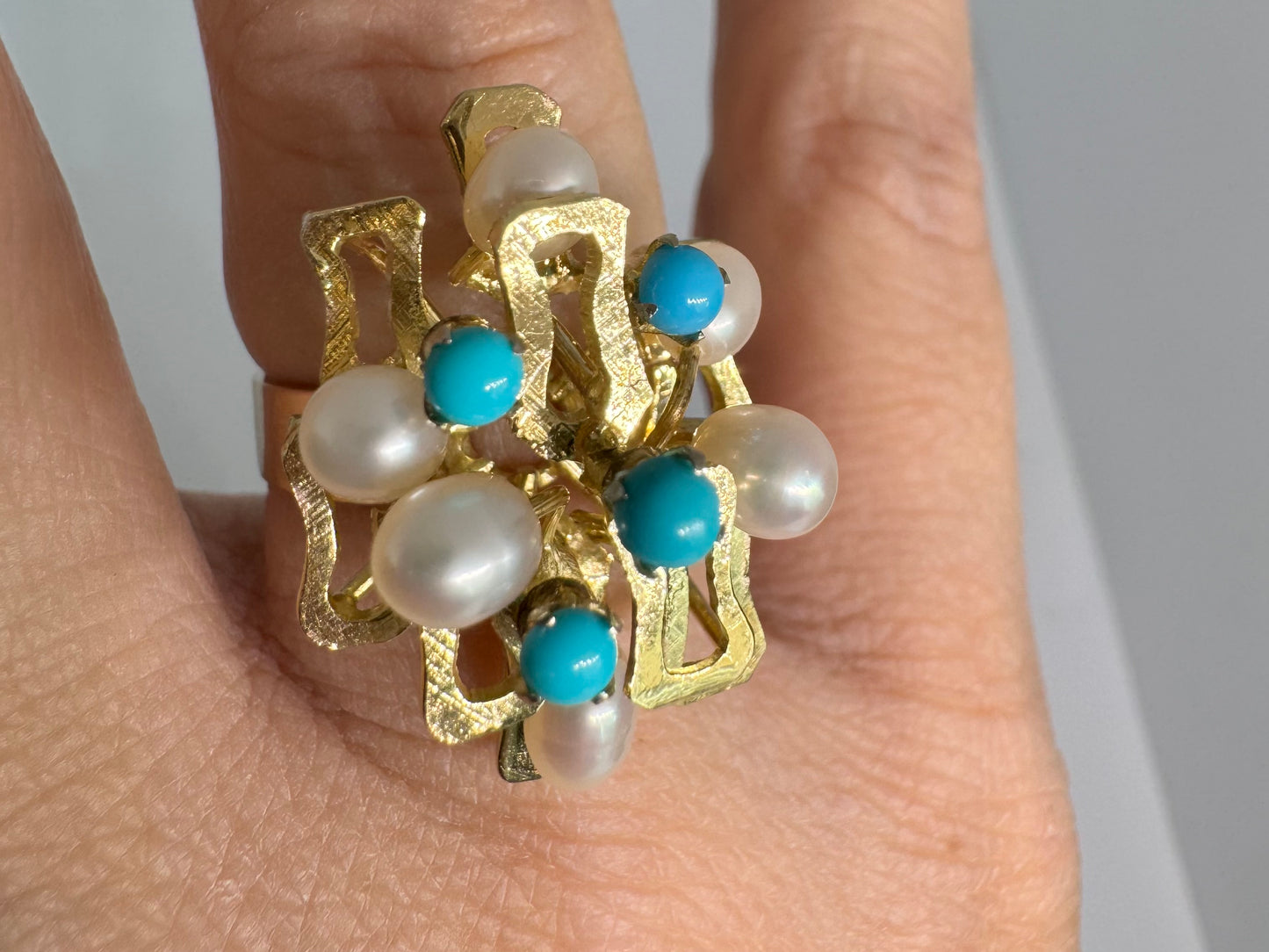 14K gold ring set with Turquoise & Pearls