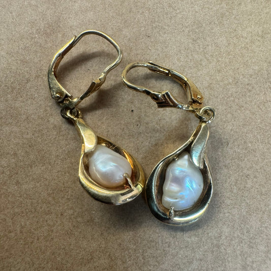 14K gold drop earrings featuring baroque Pearls set in fluid, organic shape