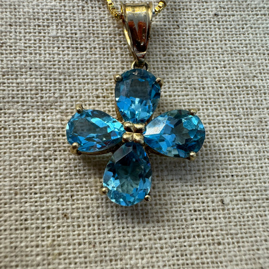 14K gold necklace with a cheerful floral pendant crafted from four pear-shaped Blue Topaz gemstones, arranged in a radiant blossom design