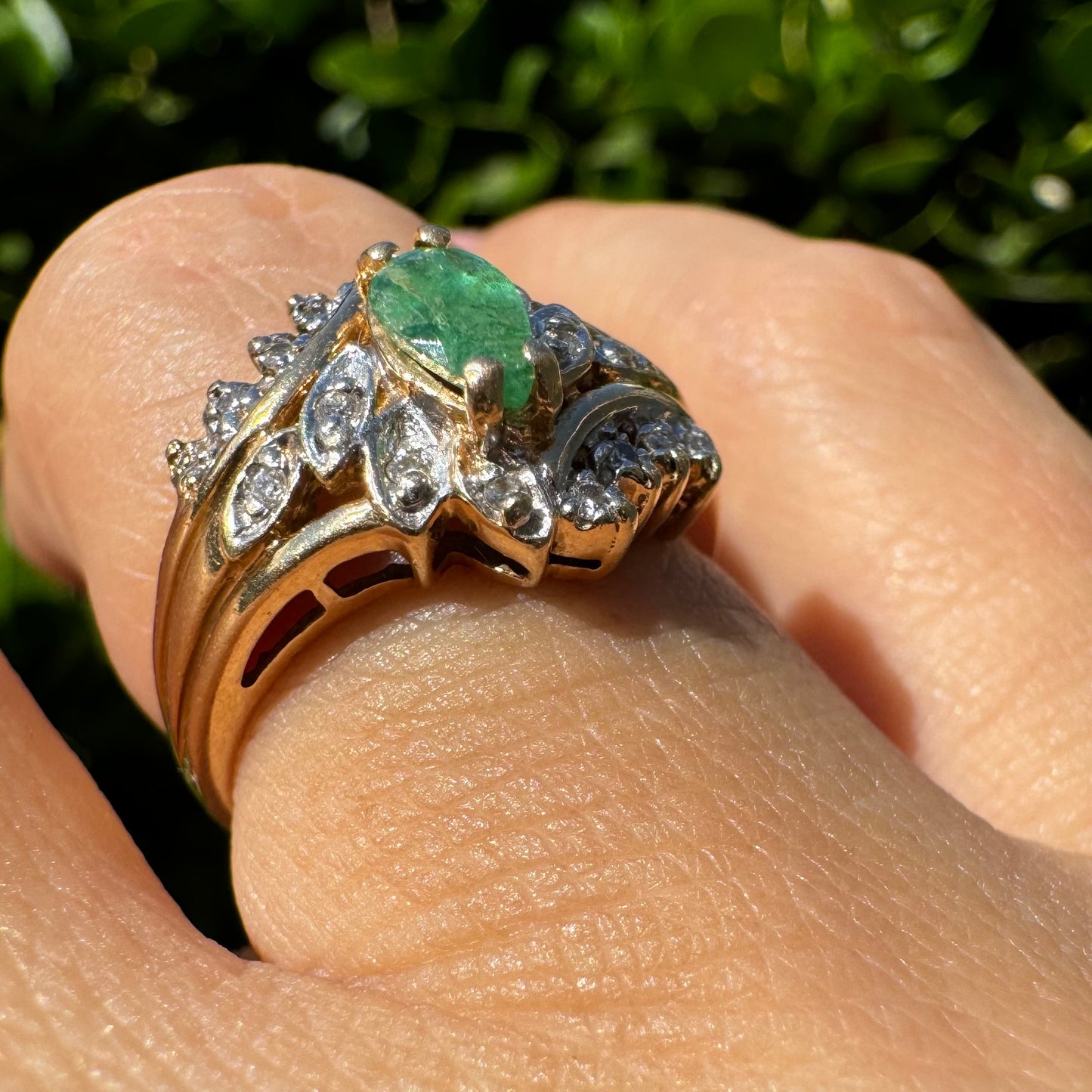 14K gold ring set with Emerald & Diamonds