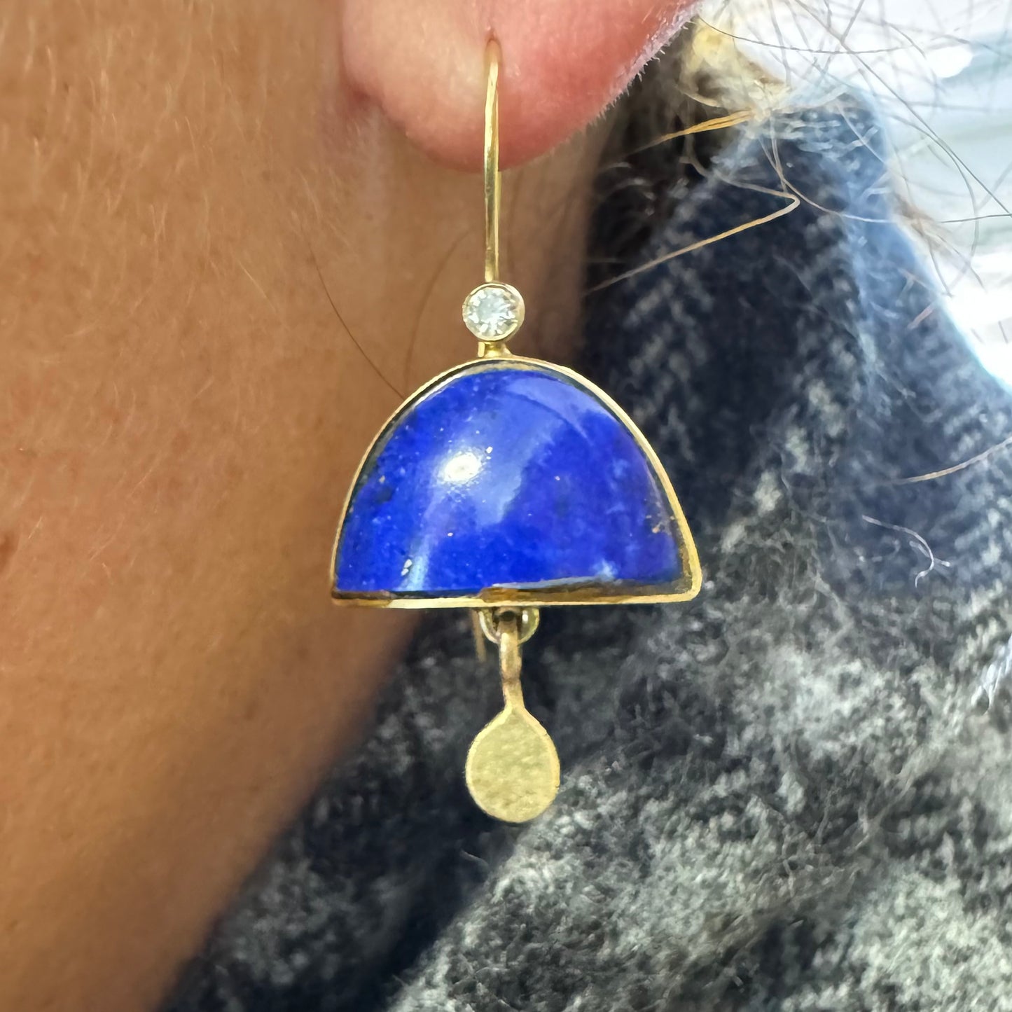 14K gold earrings set with Lapis Lazuli & Diamonds