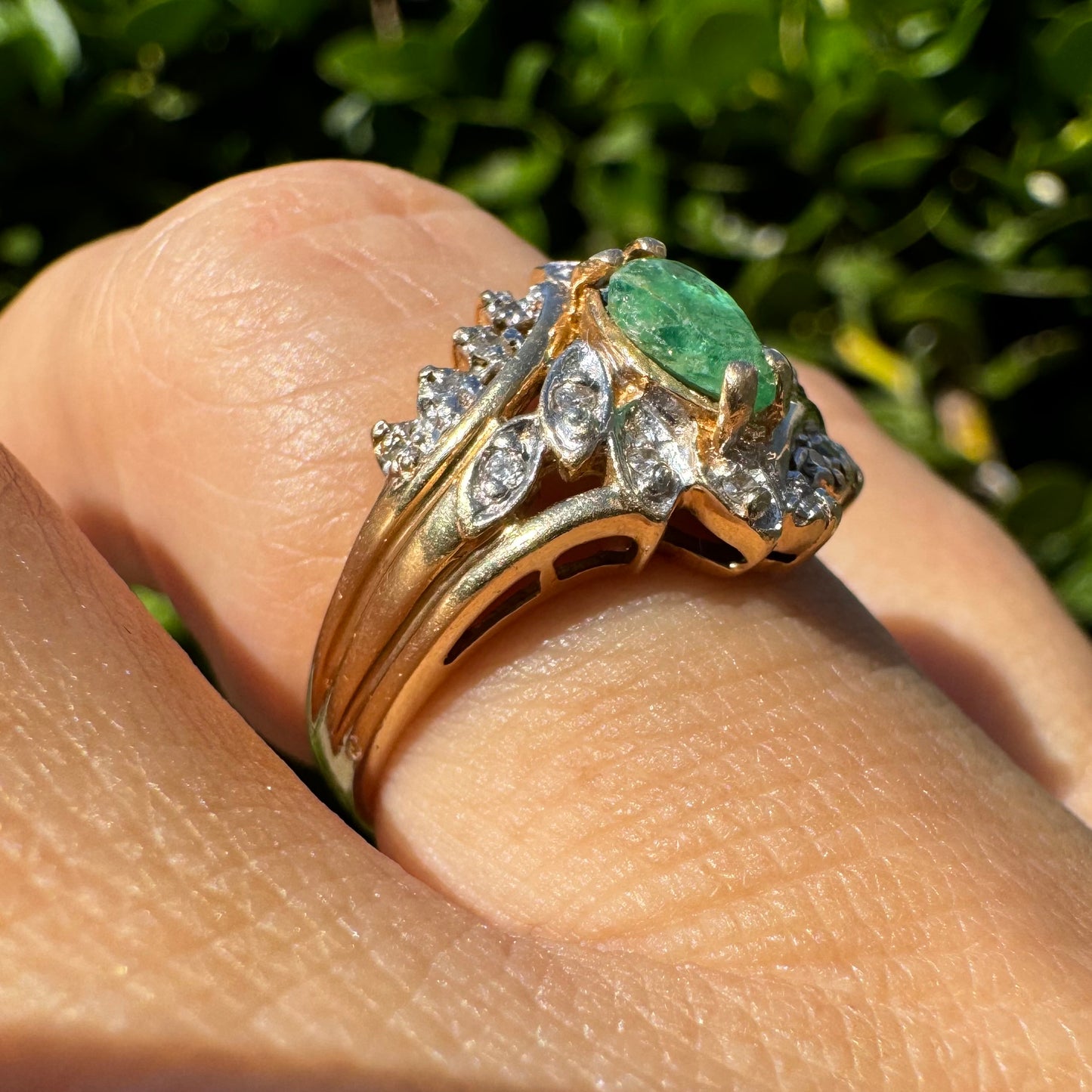 14K gold ring set with Emerald & Diamonds