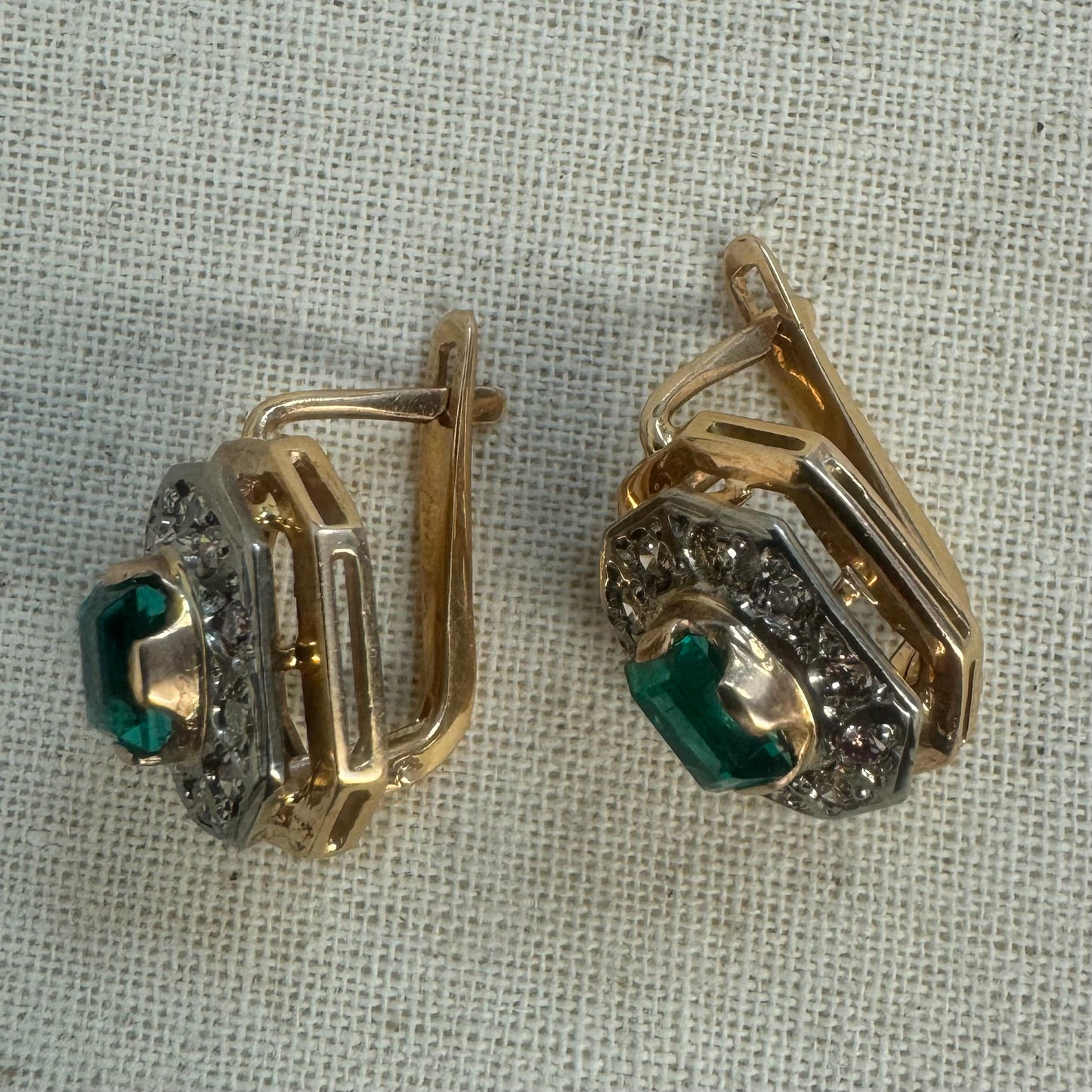 14K gold earrings set with Emerald & Diamonds