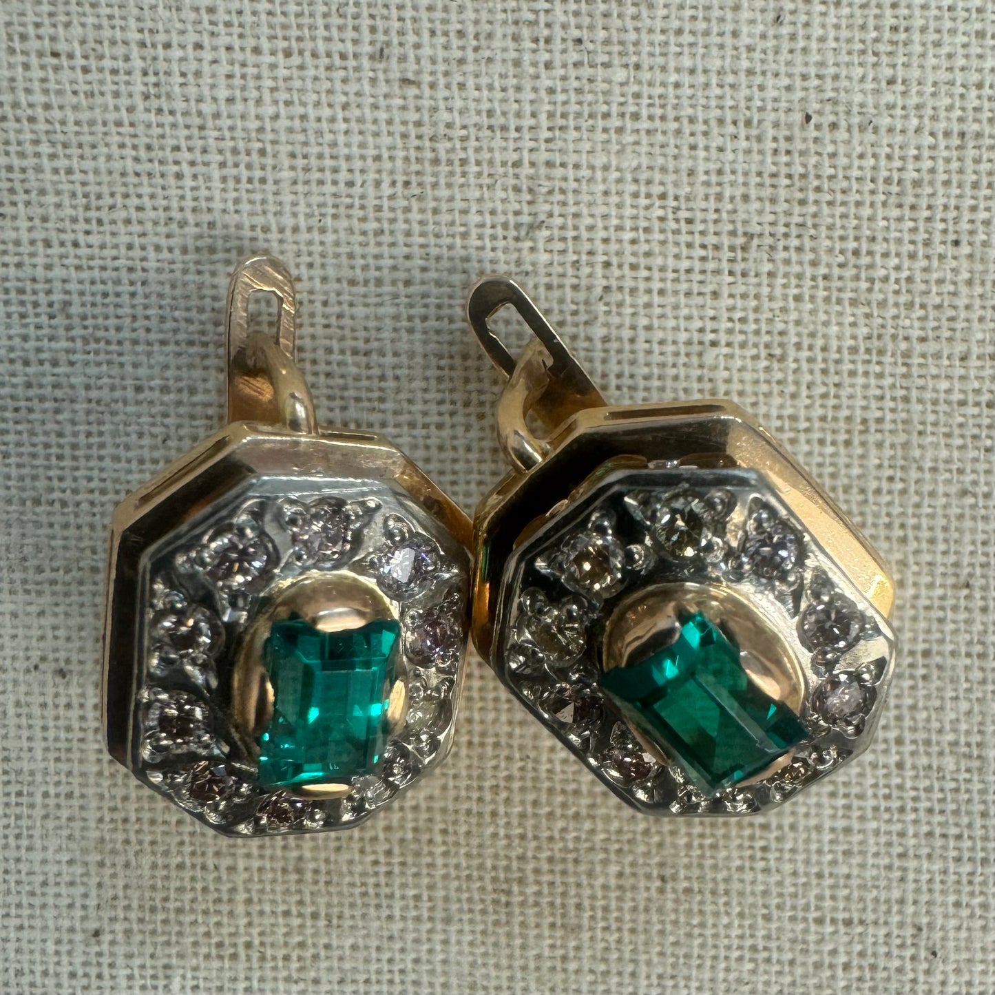 14K gold earrings set with Emerald & Diamonds