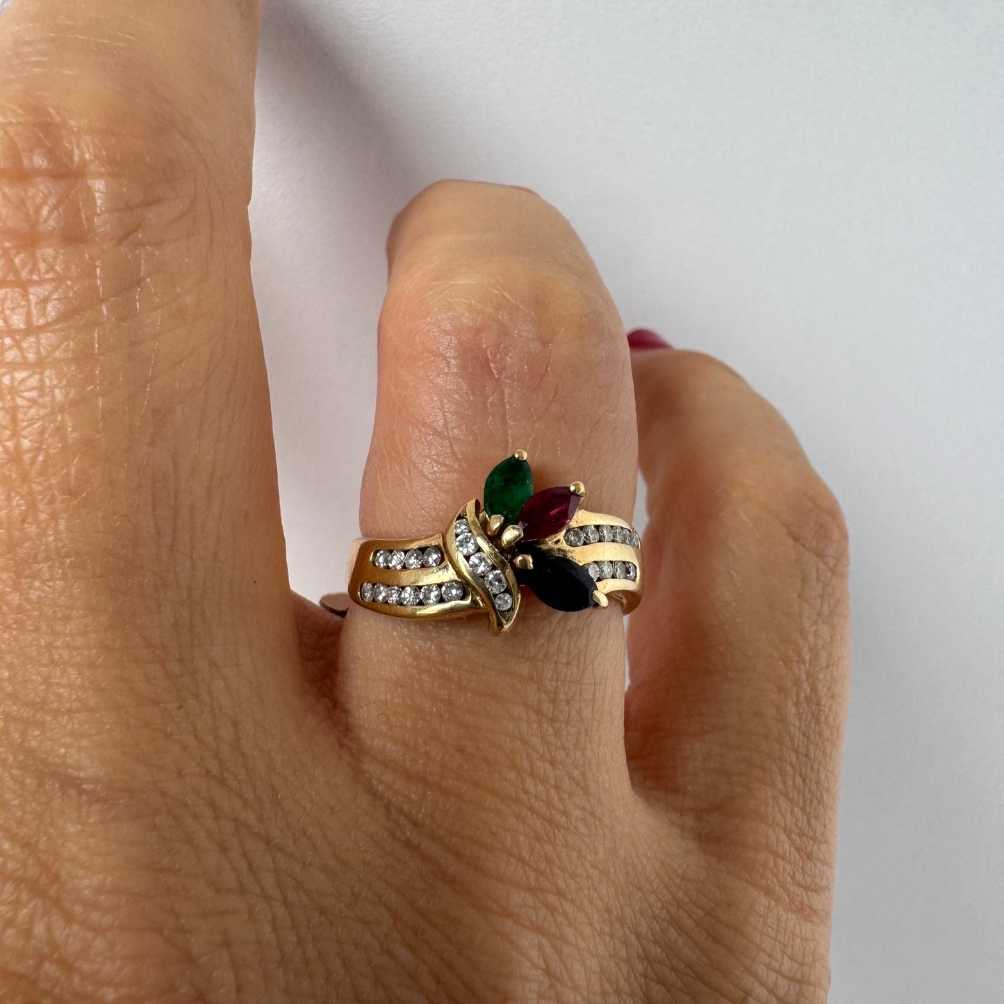 14K gold ring set with Diamonds & marquise-cut gemstones Emerald, Ruby & Sapphire