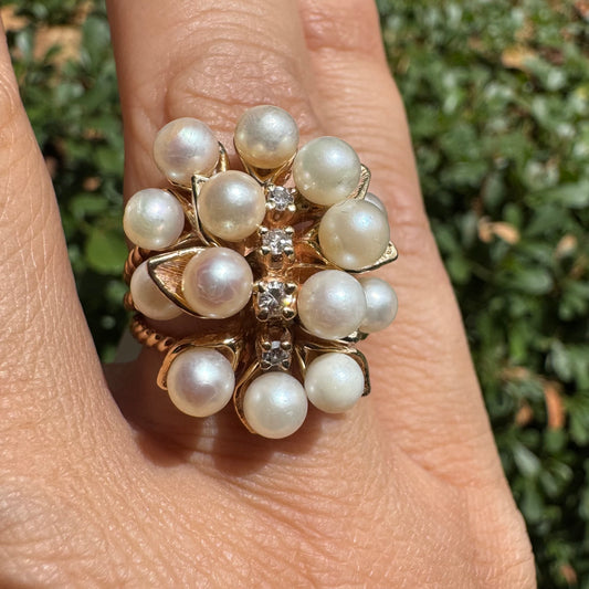 14K gold cocktail ring set with Pearls and Diamonds