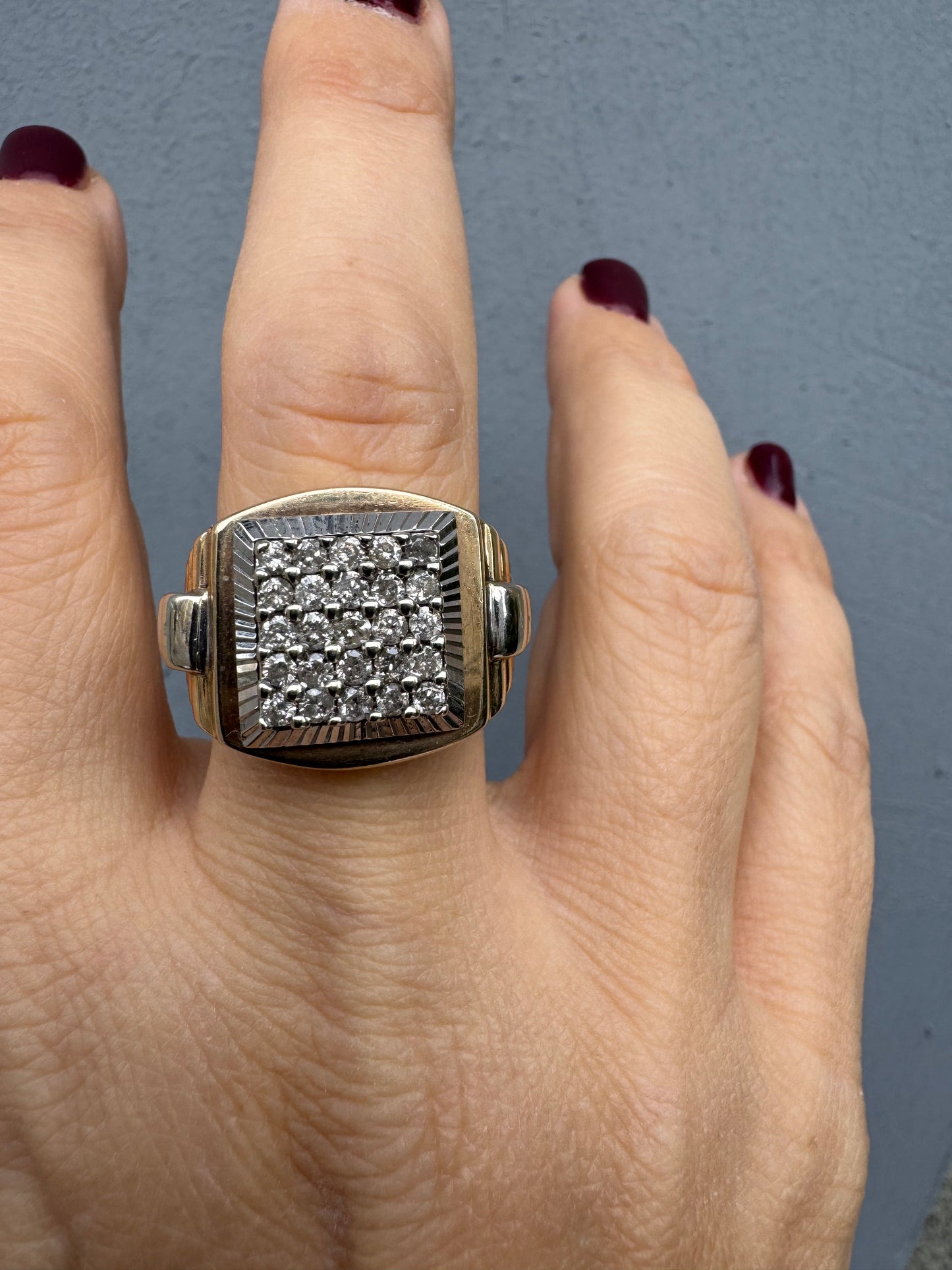14K gold ring set with brilliant pavé diamonds in a bold square design