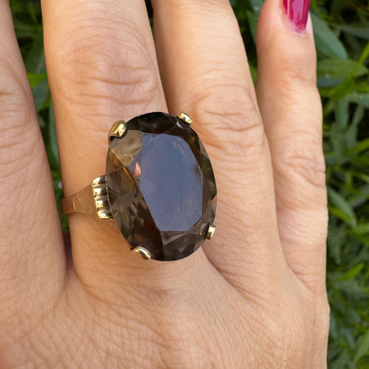 14K gold ring set with a striking Smoky Quartz in a deep, mysterious brown hue