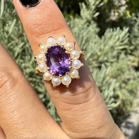14K gold ring set with Amethyst & Pearls