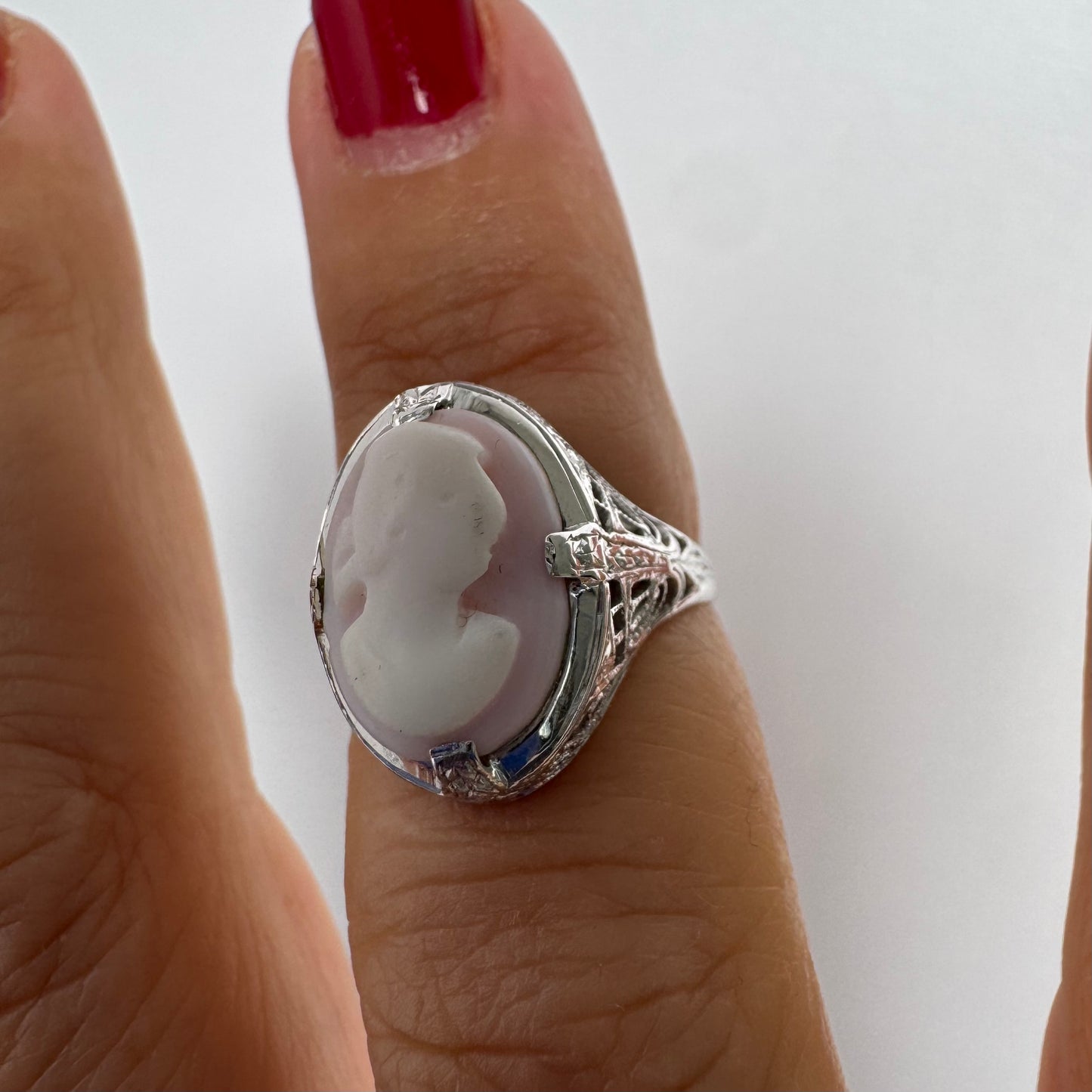 Platinum Cameo Ring set with a soft pink and white portrait