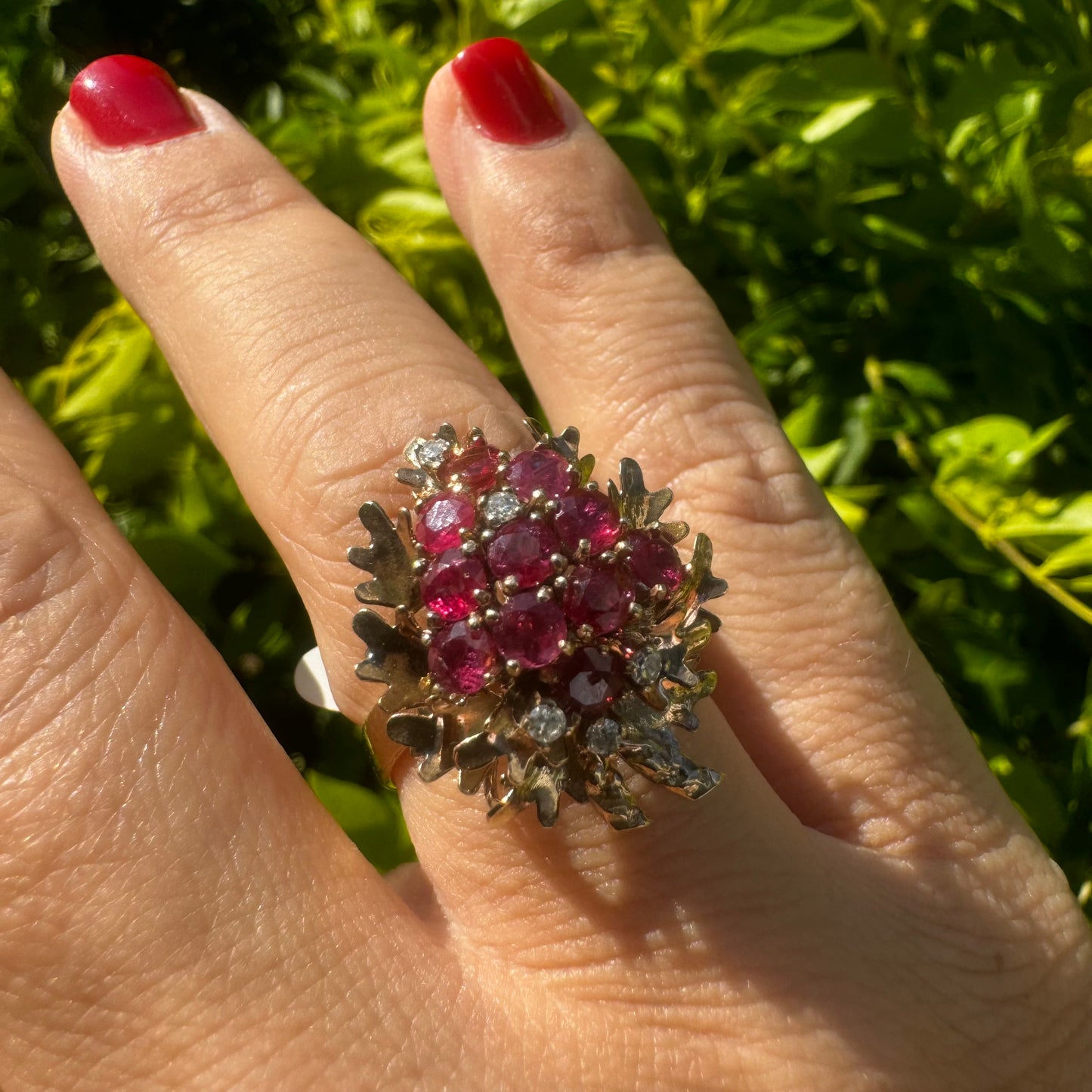 14K gold ring set with Garnet & Diamonds