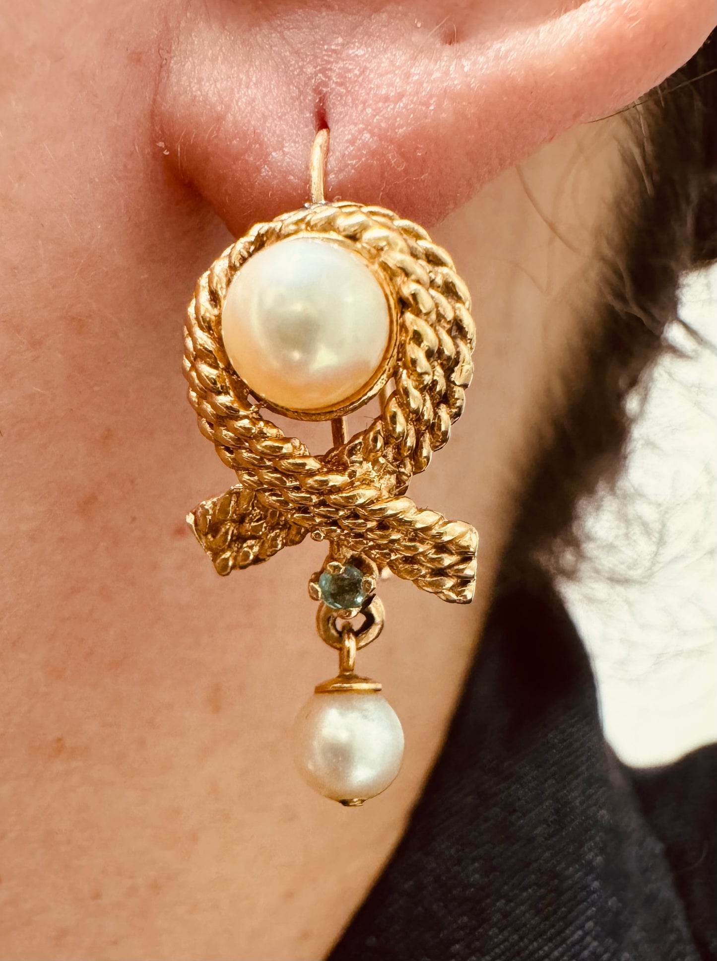 14K gold Drop Earrings set with Pearl & Emerald