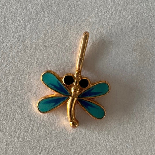 14K gold pendant featuring a charming dragonfly design with blue enamel wings.