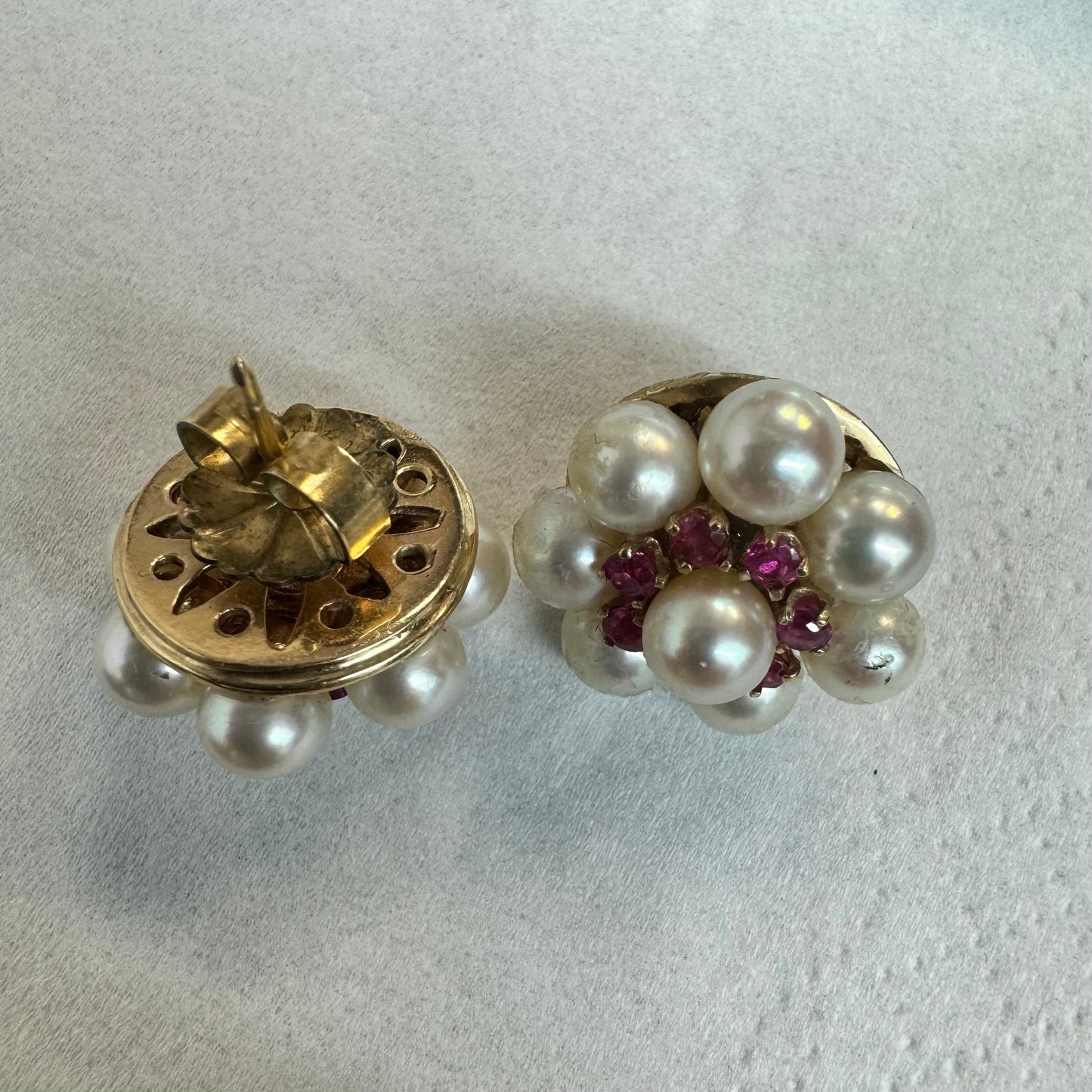 14K gold stud earrings set with Ruby & Pearls