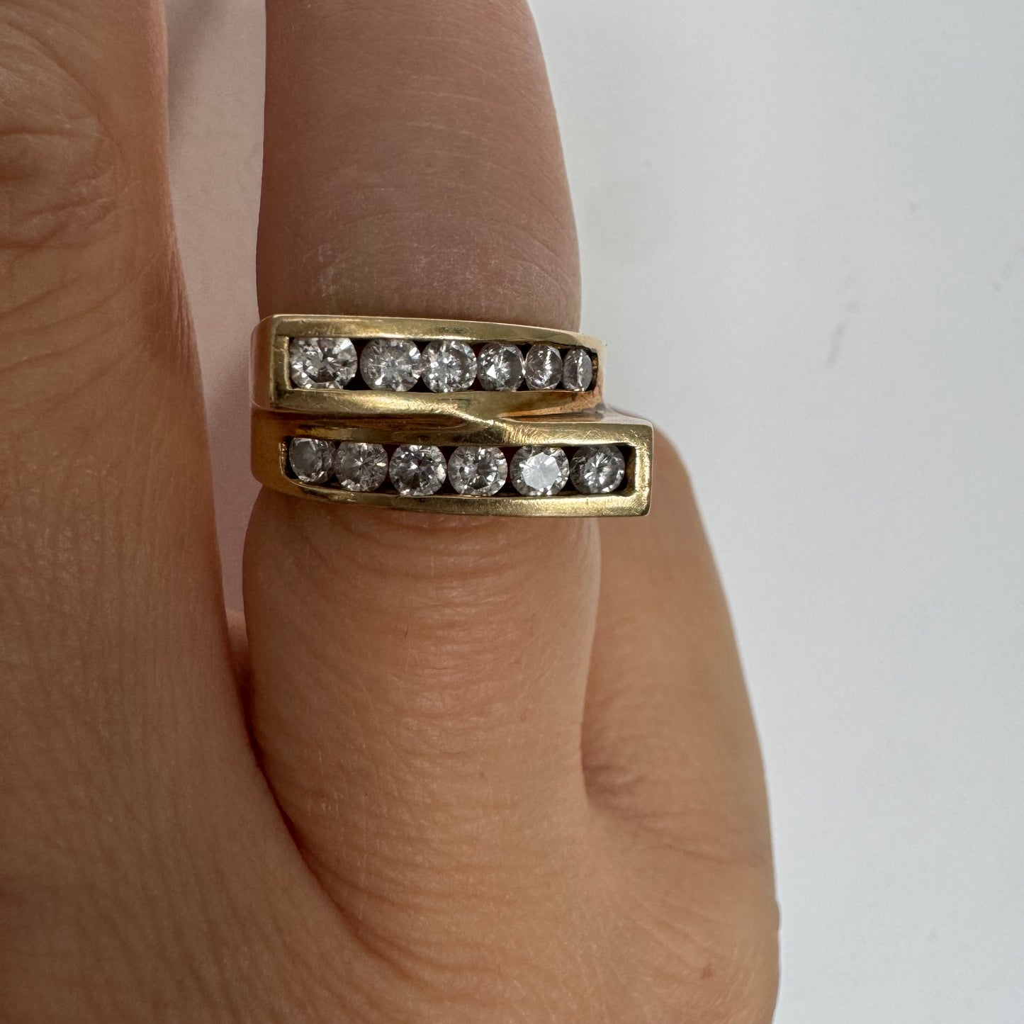 14K gold ring set with two parallel Diamond-set rows