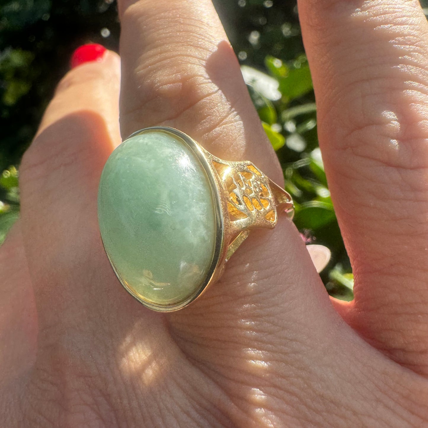 14K gold ring set with Light Green Jade