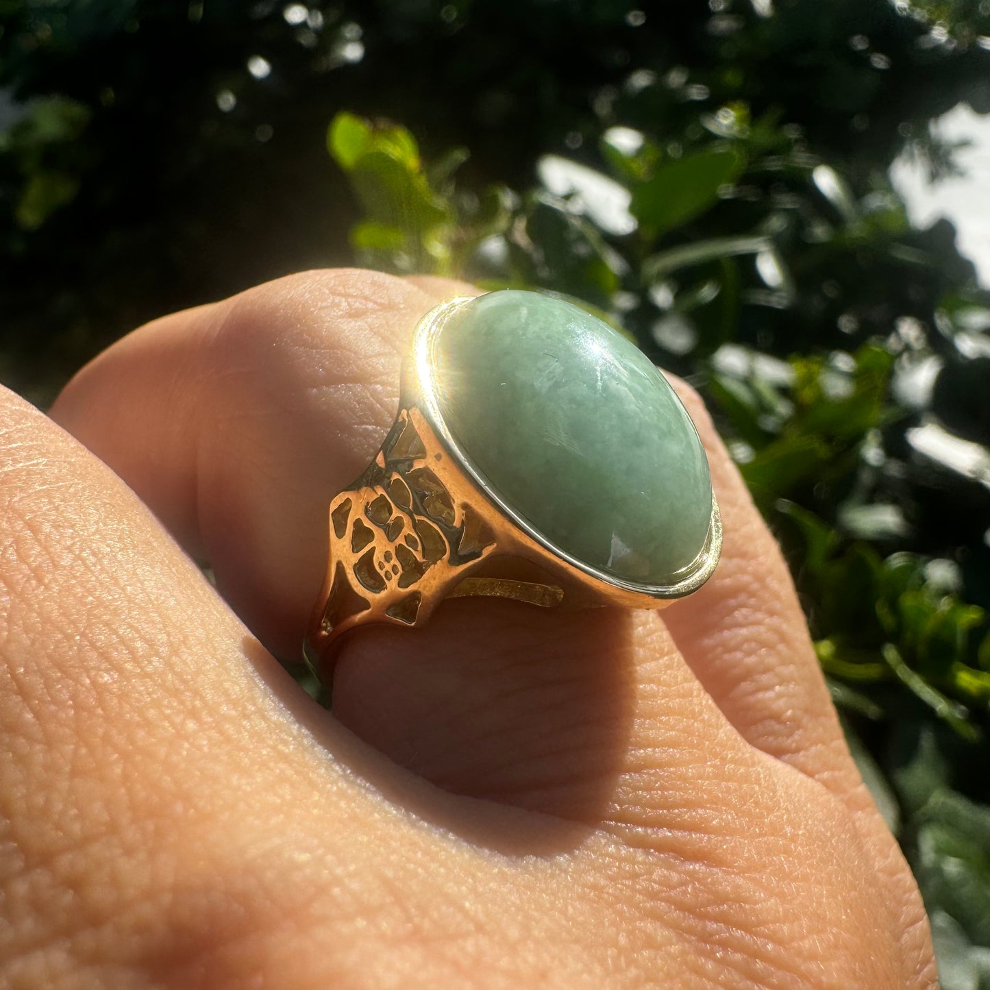 14K gold ring set with Light Green Jade