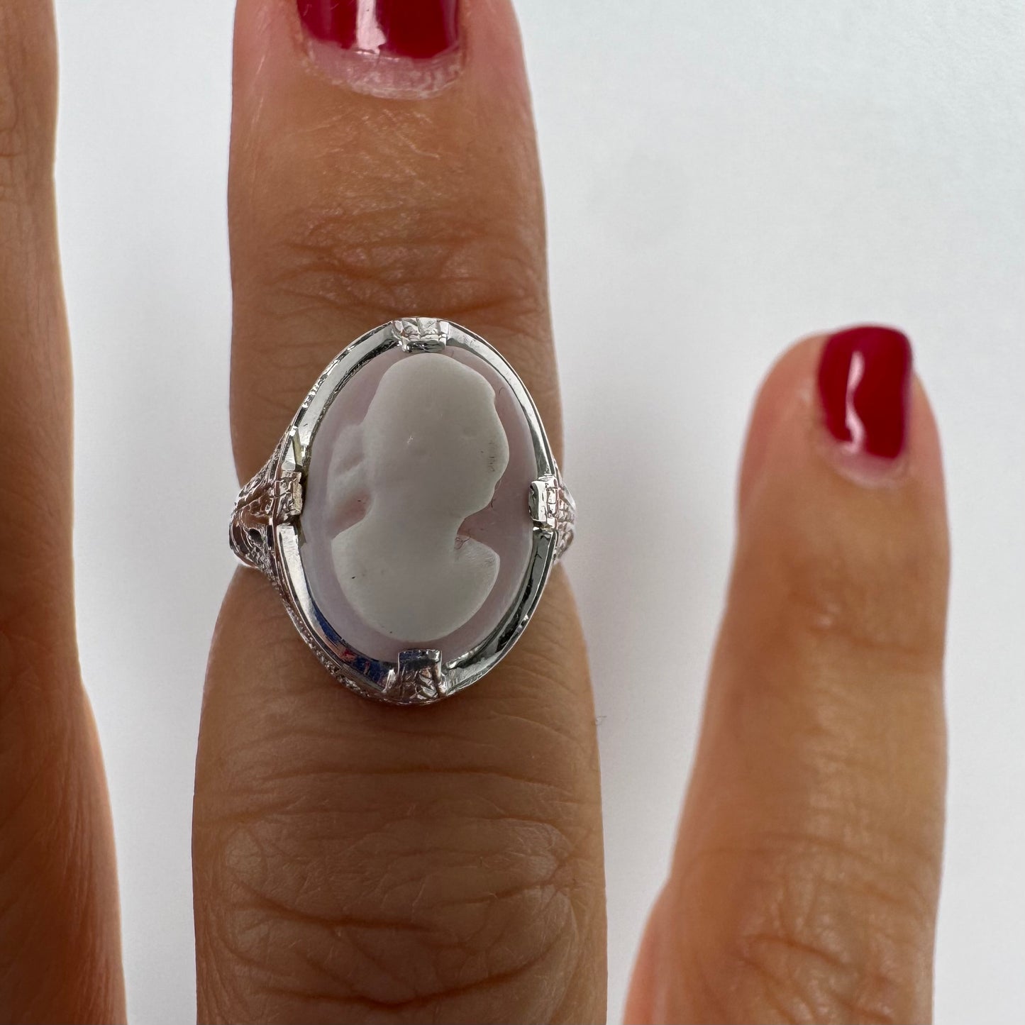 Platinum Cameo Ring set with a soft pink and white portrait