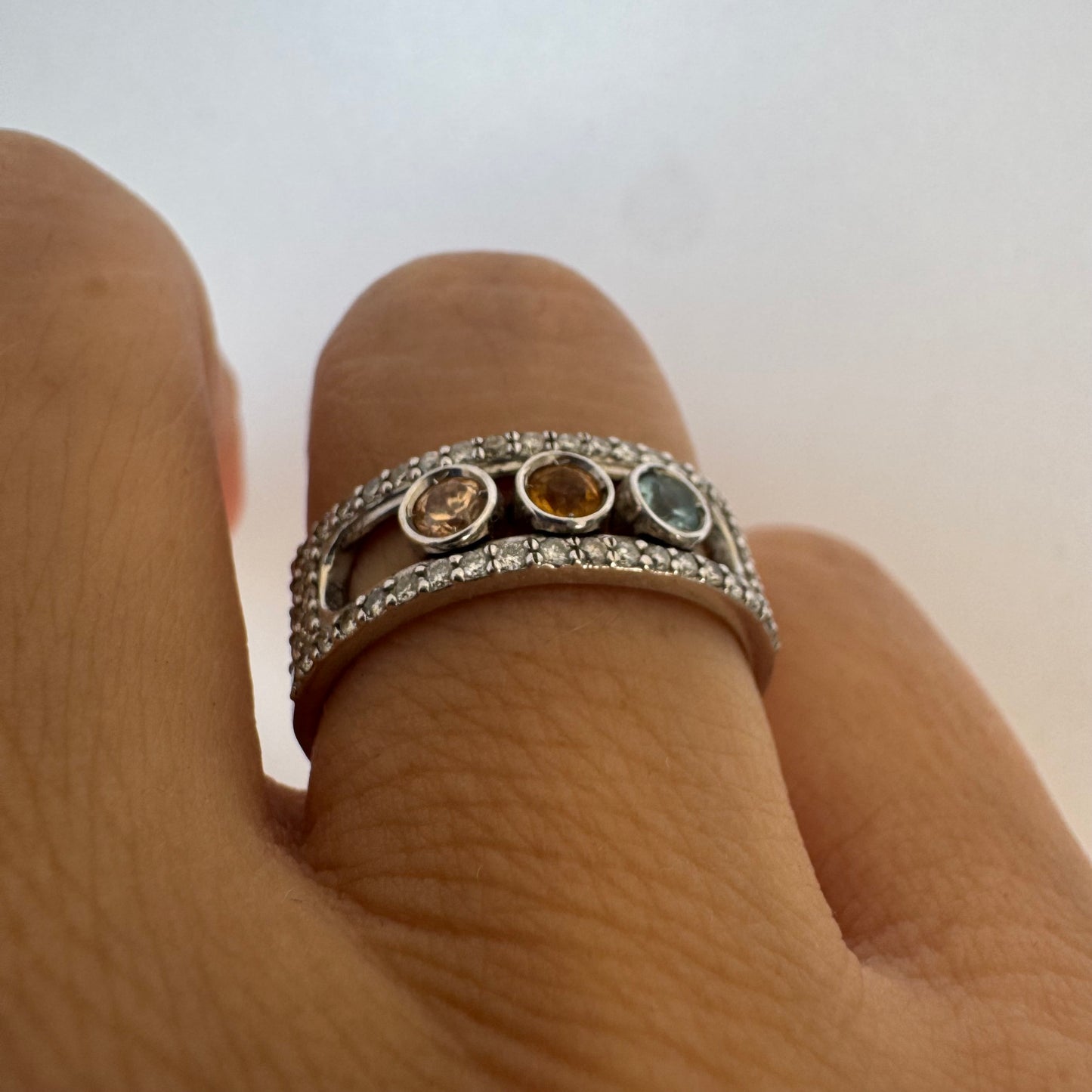 14K gold ring set with Aquamarine, Citrine and Rose Quartz framed sparkling diamonds