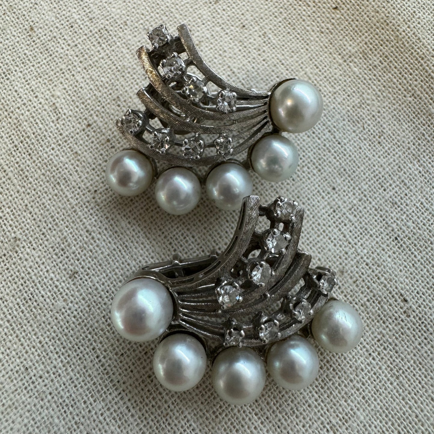 14K gold clip-on earrings set with Pearl & Diamonds