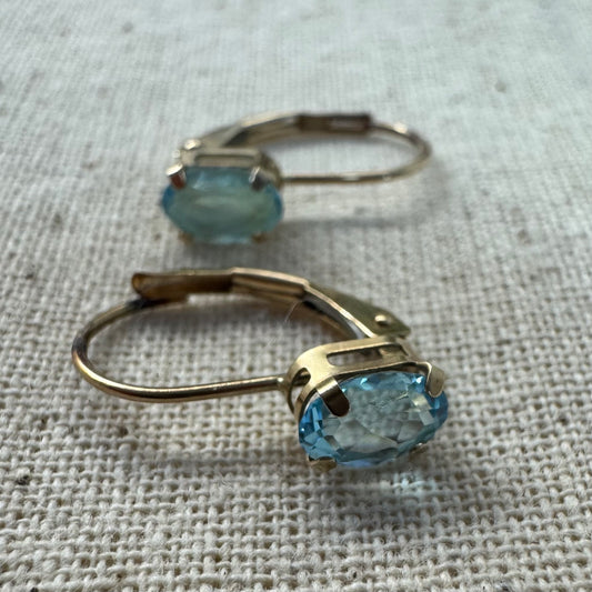 10K gold drop earrings set with sparkling blue topaz