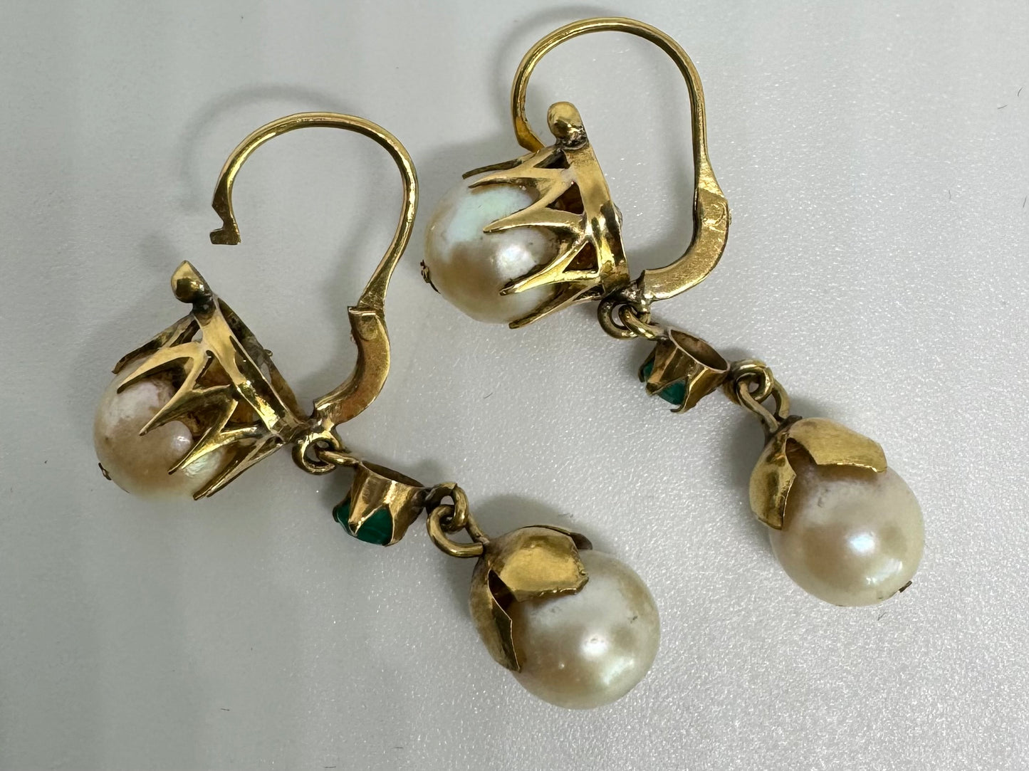 14K gold Drop Earrings set with Pearls & Emerald