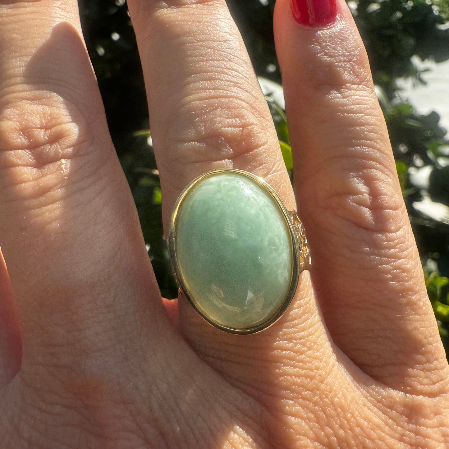 14K gold ring set with Light Green Jade