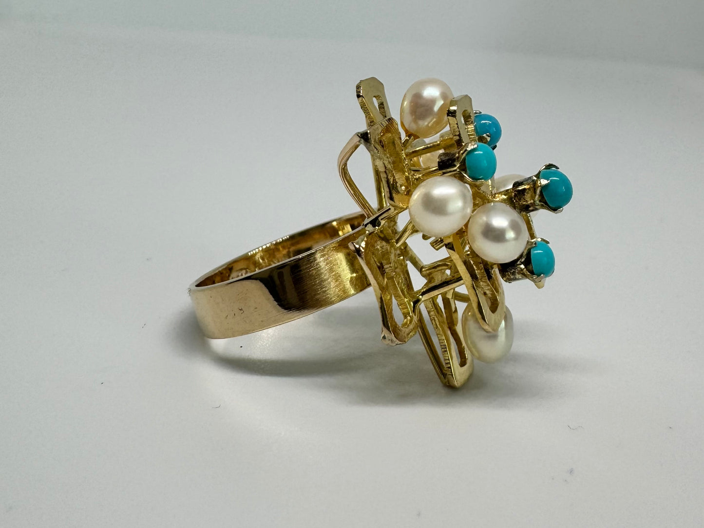 14K gold ring set with Turquoise & Pearls