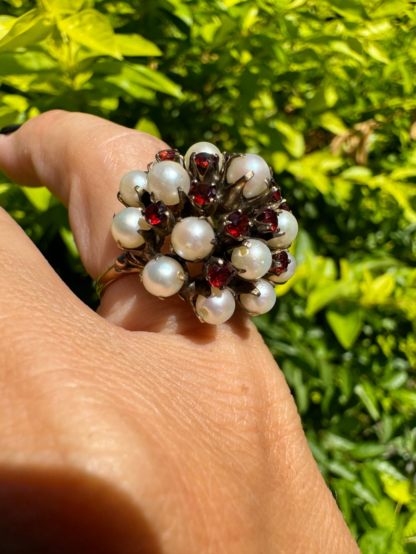 14K gold ring set with Pearl & Garnet