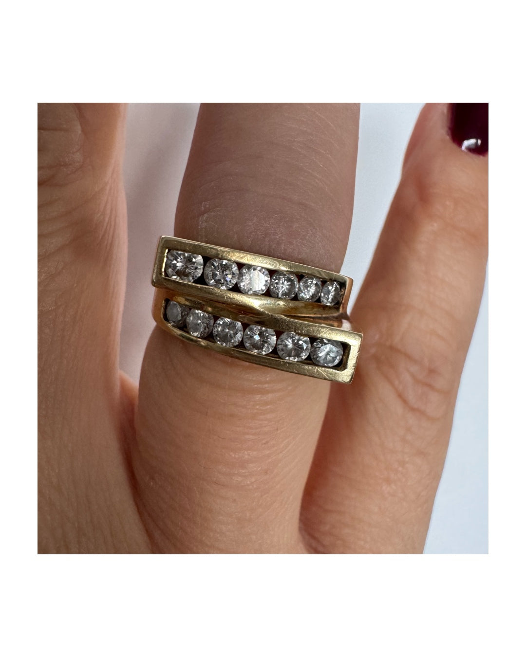 14K gold ring set with two parallel Diamond-set rows