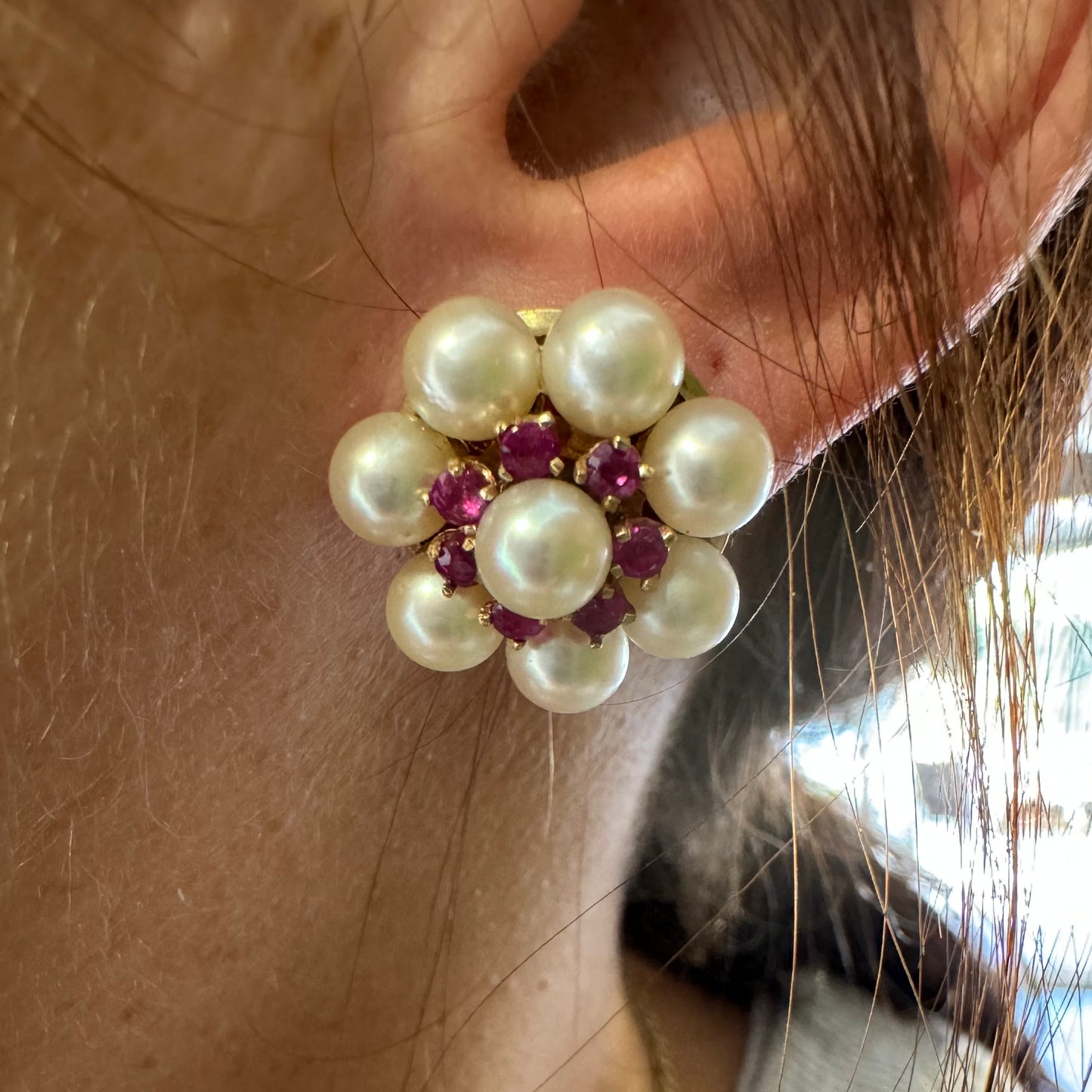 14K gold stud earrings set with Ruby & Pearls