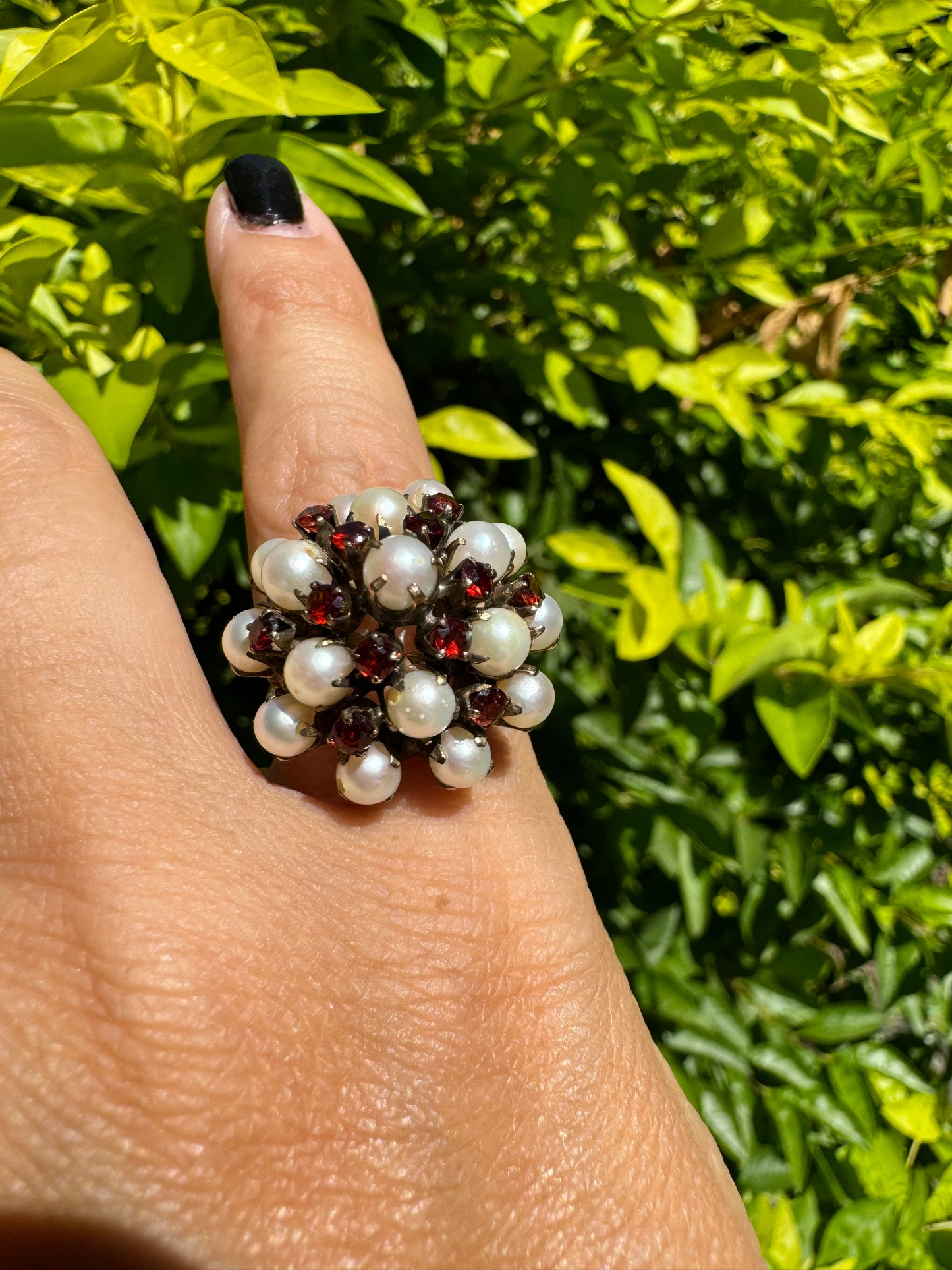 14K gold ring set with Pearl & Garnet