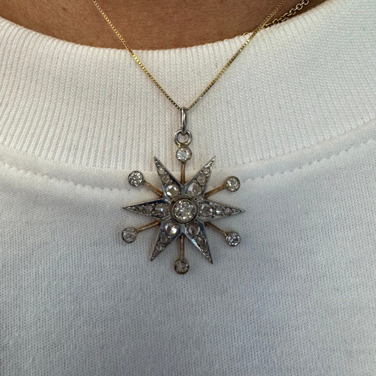 14K gold starburst pendant set with old- cut Diamonds