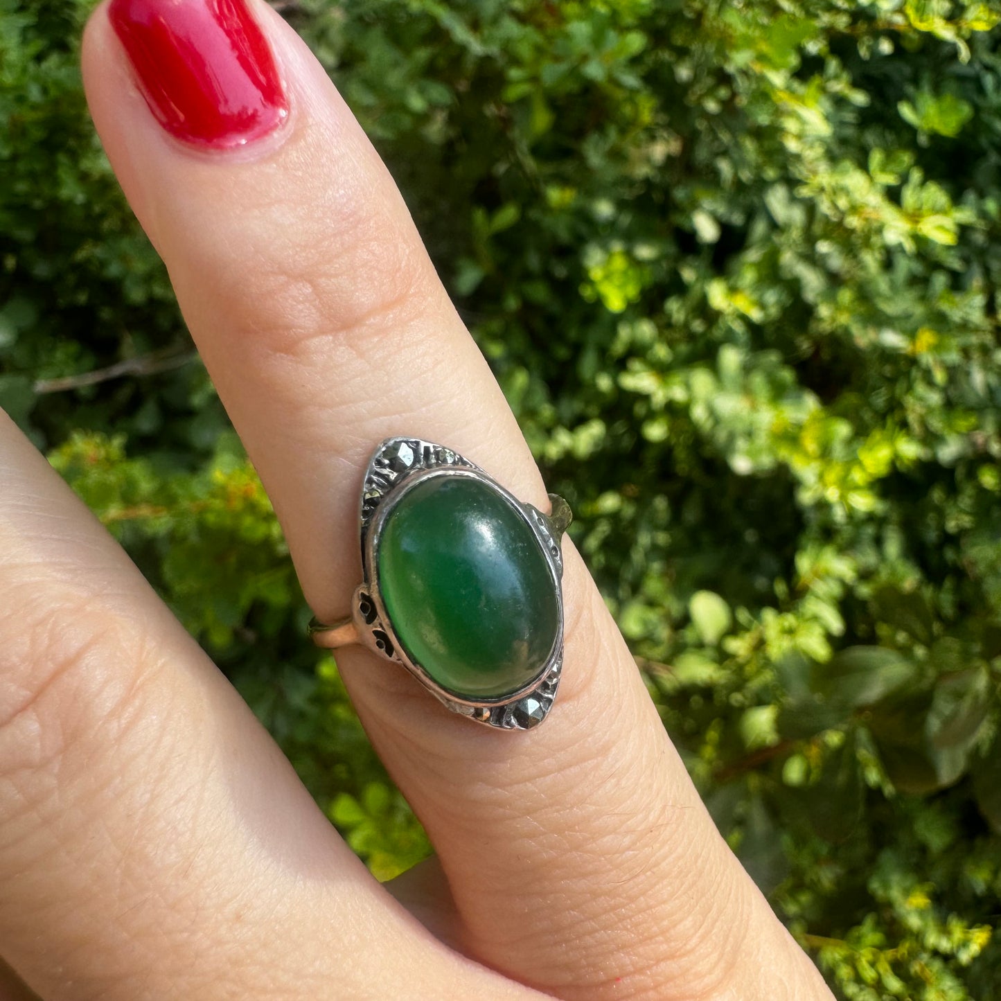 9K gold ring set with green Jade & Diamonds