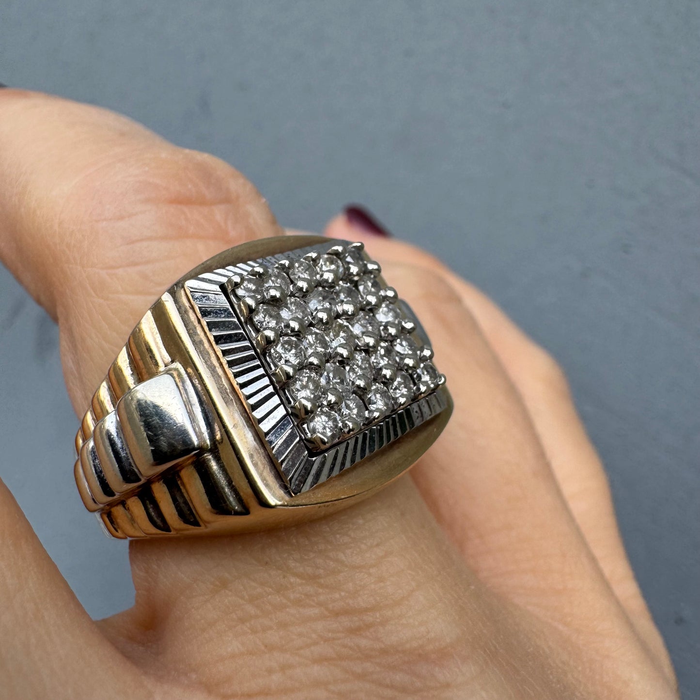 14K gold ring set with brilliant pavé diamonds in a bold square design