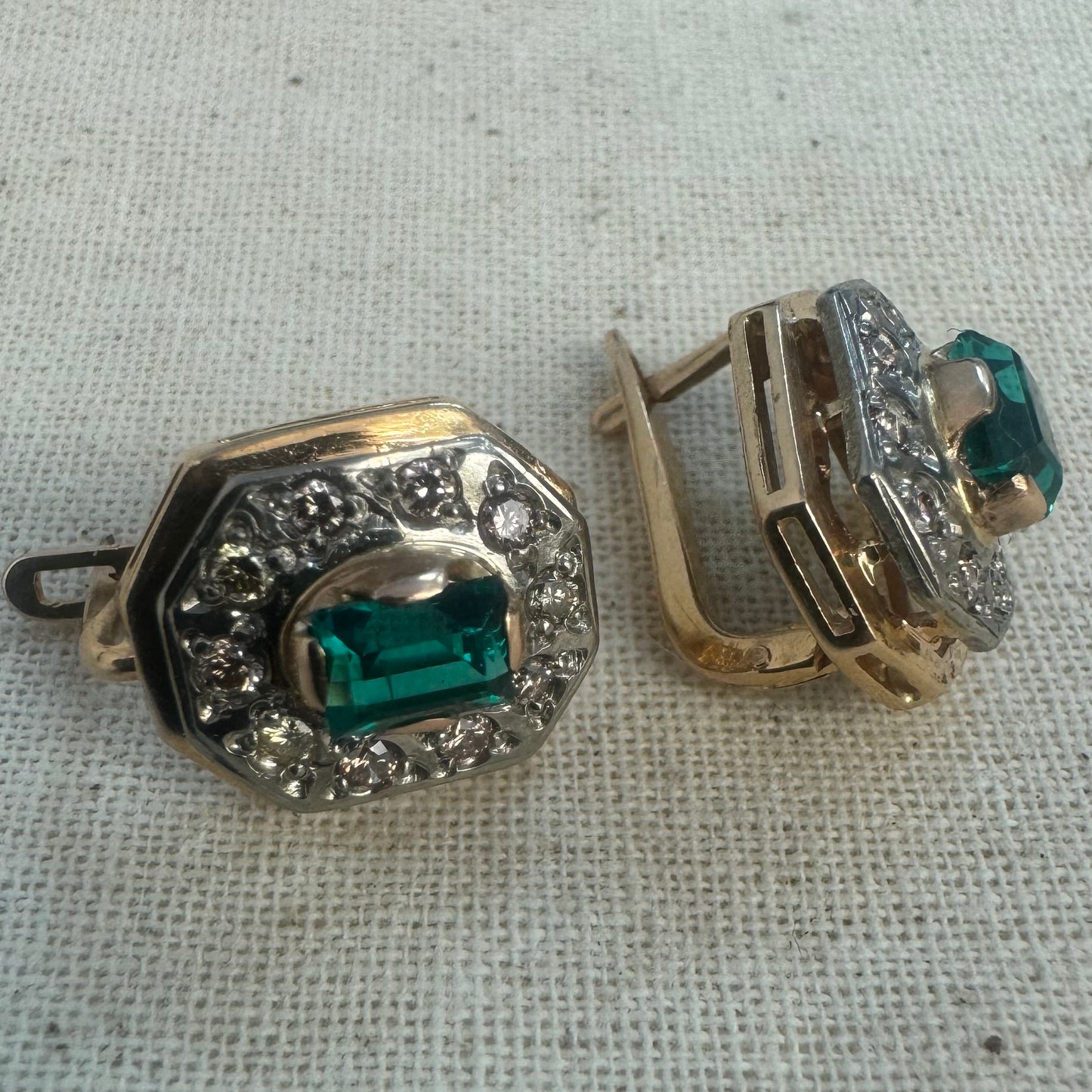 14K gold earrings set with Emerald & Diamonds