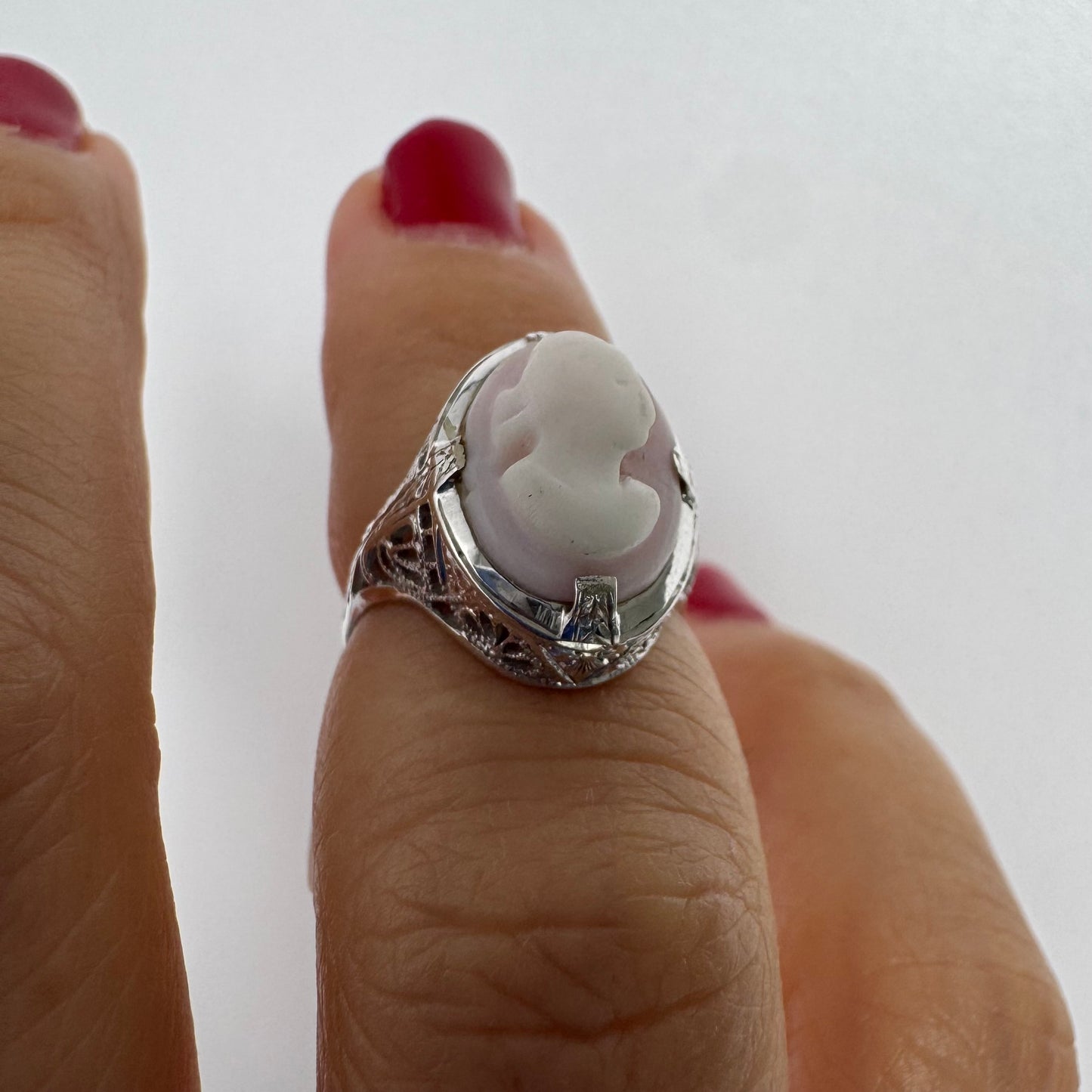 Platinum Cameo Ring set with a soft pink and white portrait