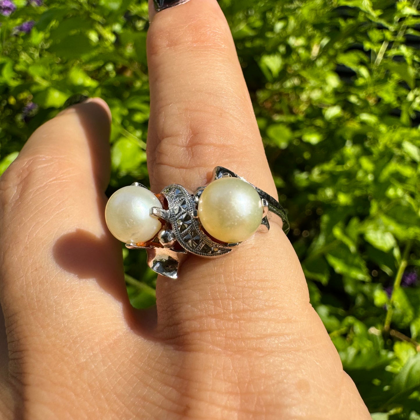 14K gold ring set with Pearls & Diamonds