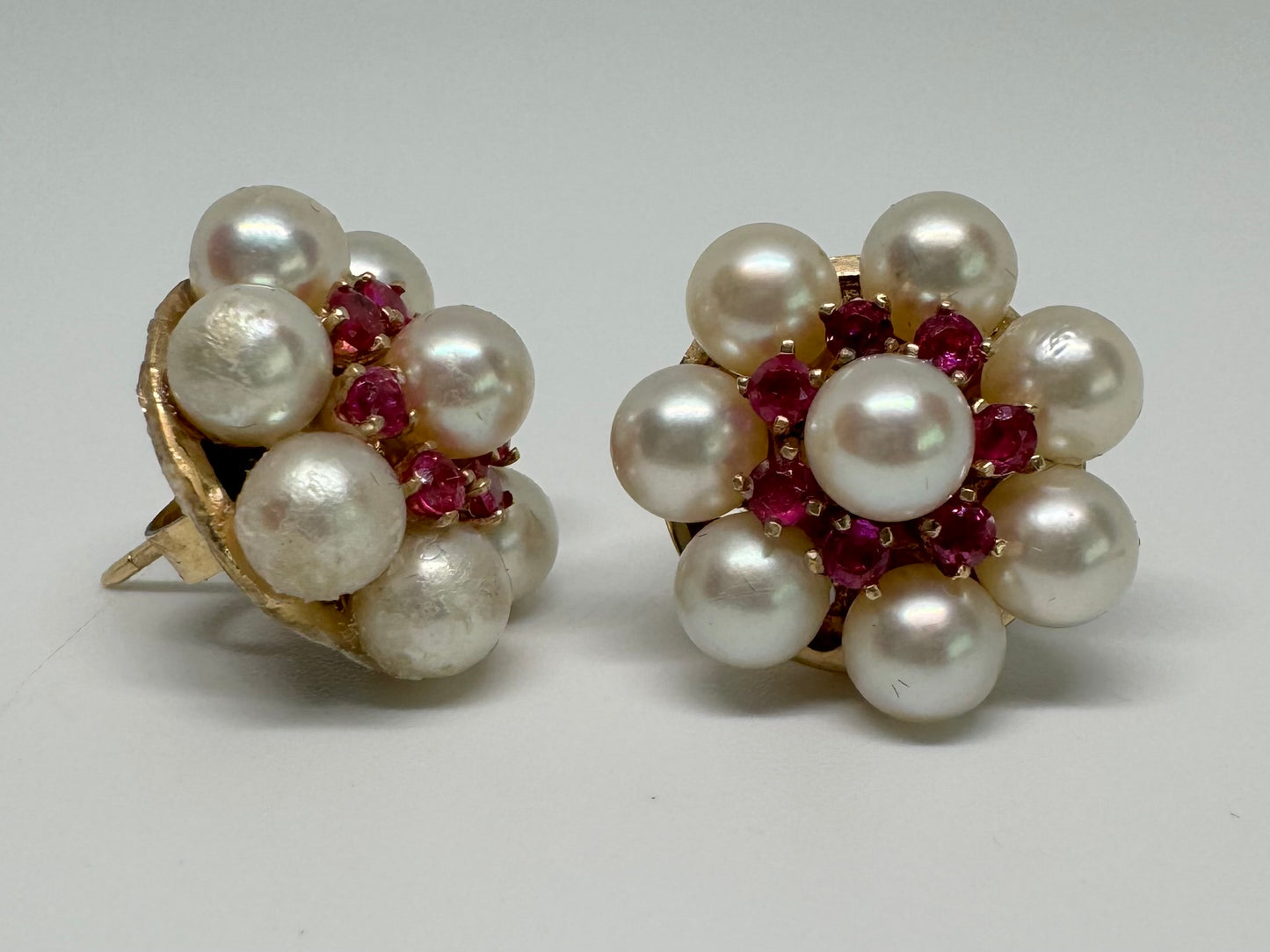 14K gold stud earrings set with Ruby & Pearls