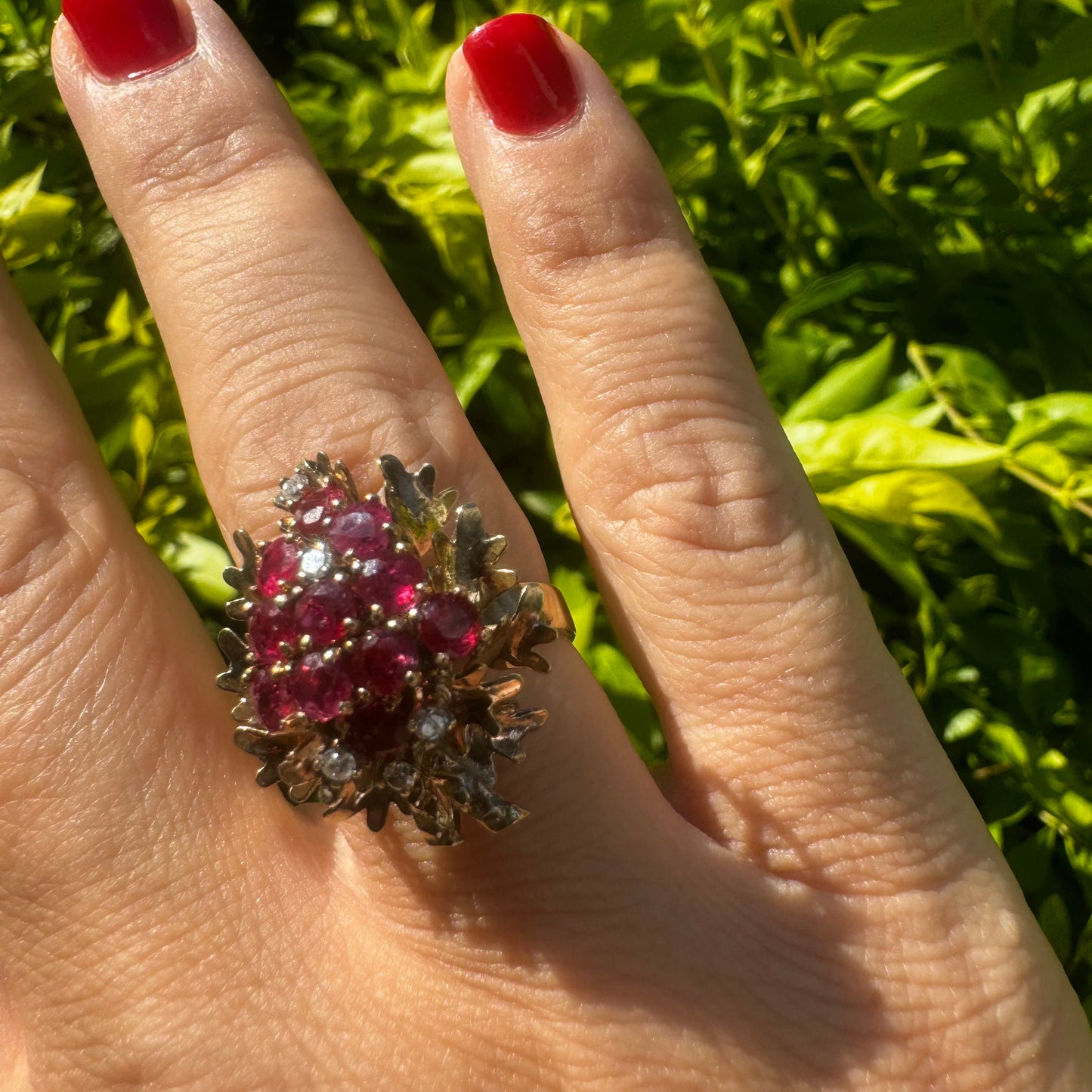 14K gold ring set with Garnet & Diamonds