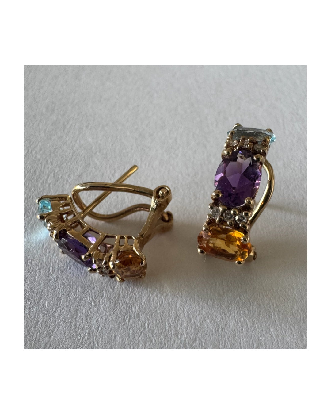 14K gold earrings featuring a beautiful arrangement of multi-colored gemstones & Diamonds