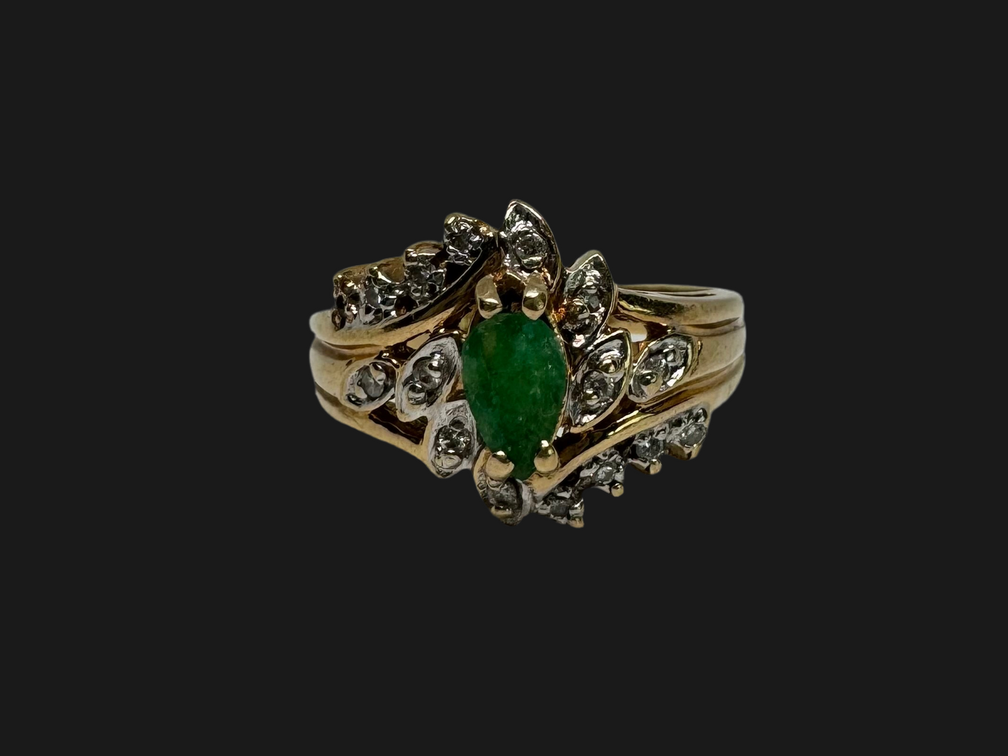 14K gold ring set with Emerald & Diamonds