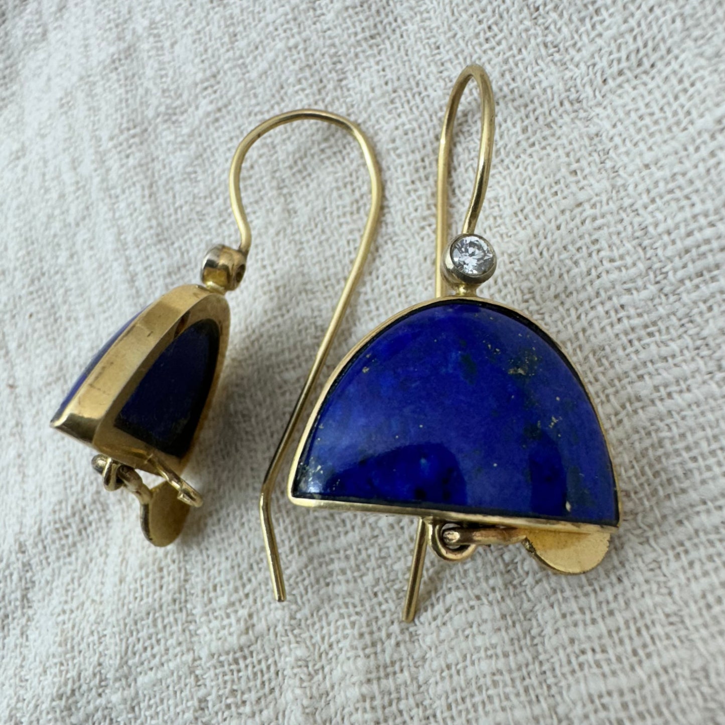 14K gold earrings set with Lapis Lazuli & Diamonds