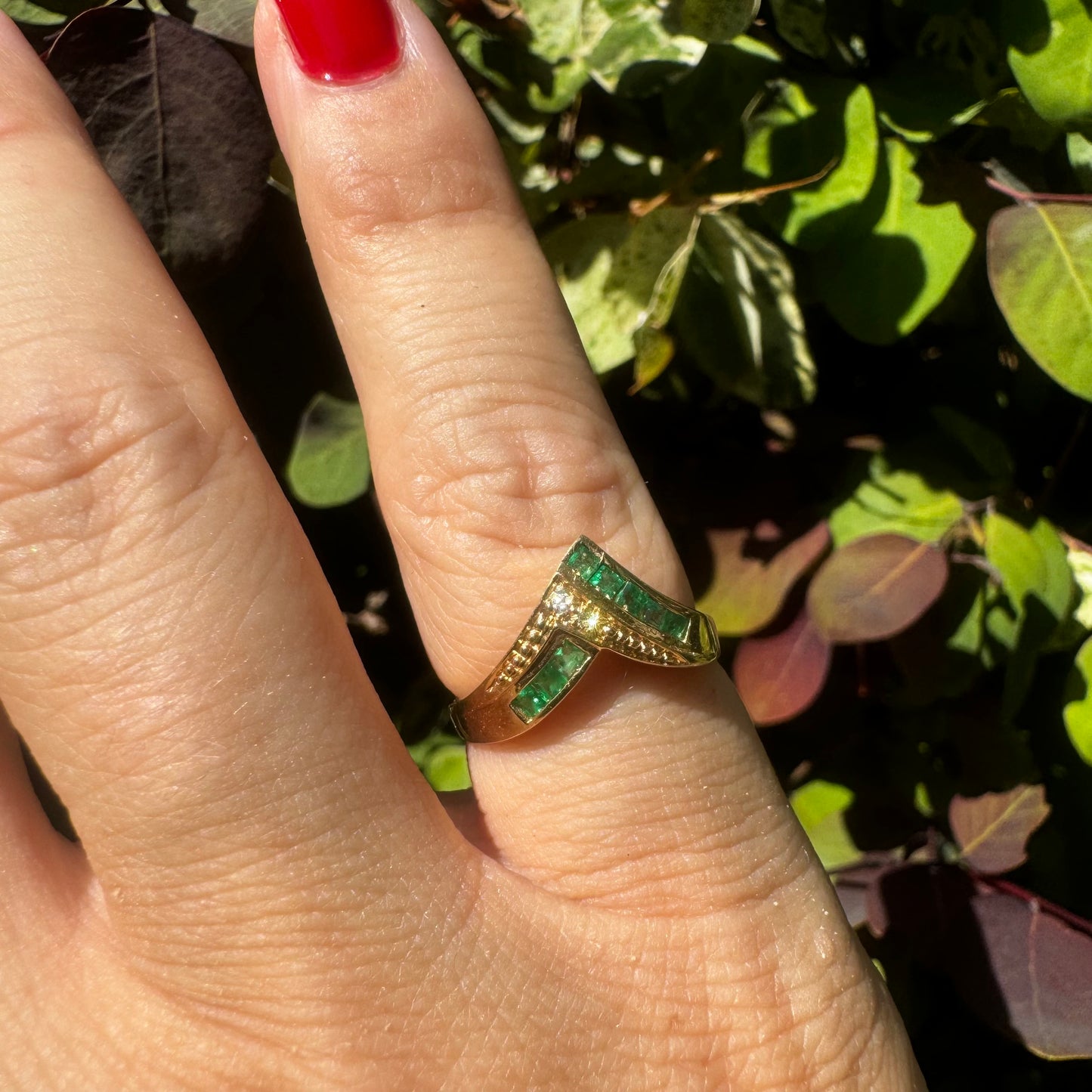 14K gold ring set with Emeralds & Diamonds