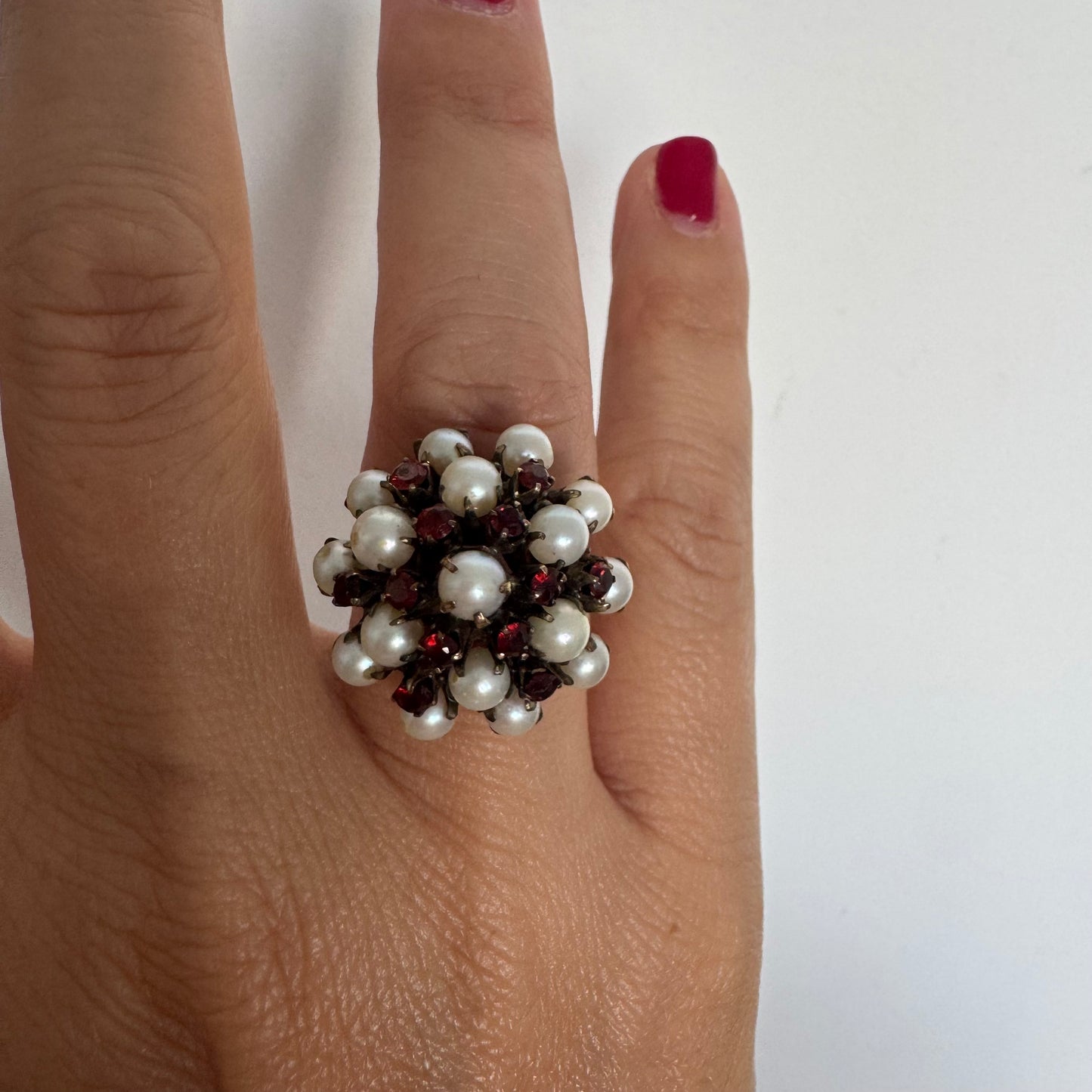 14K gold ring set with Pearls and fiery red Garnets