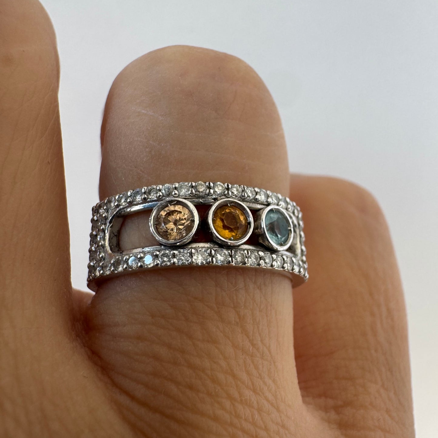 14K gold ring set with Aquamarine, Citrine and Rose Quartz framed sparkling diamonds